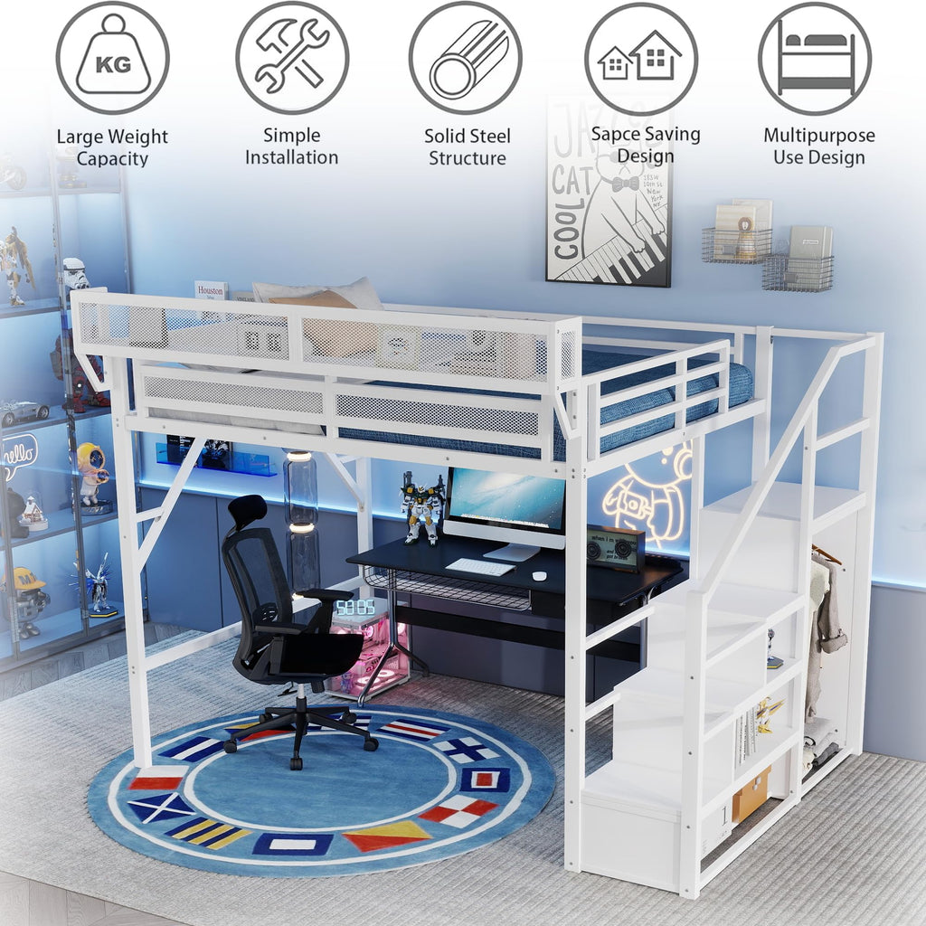 Mirightone Full Size Loft Bed with Stairs, Metal Loft Beds, High Loft Bed Frame with Storage Shelves, Lofted Full Bed with Wardrobe for Kids and Teens, No Box Spring Needed (Black)