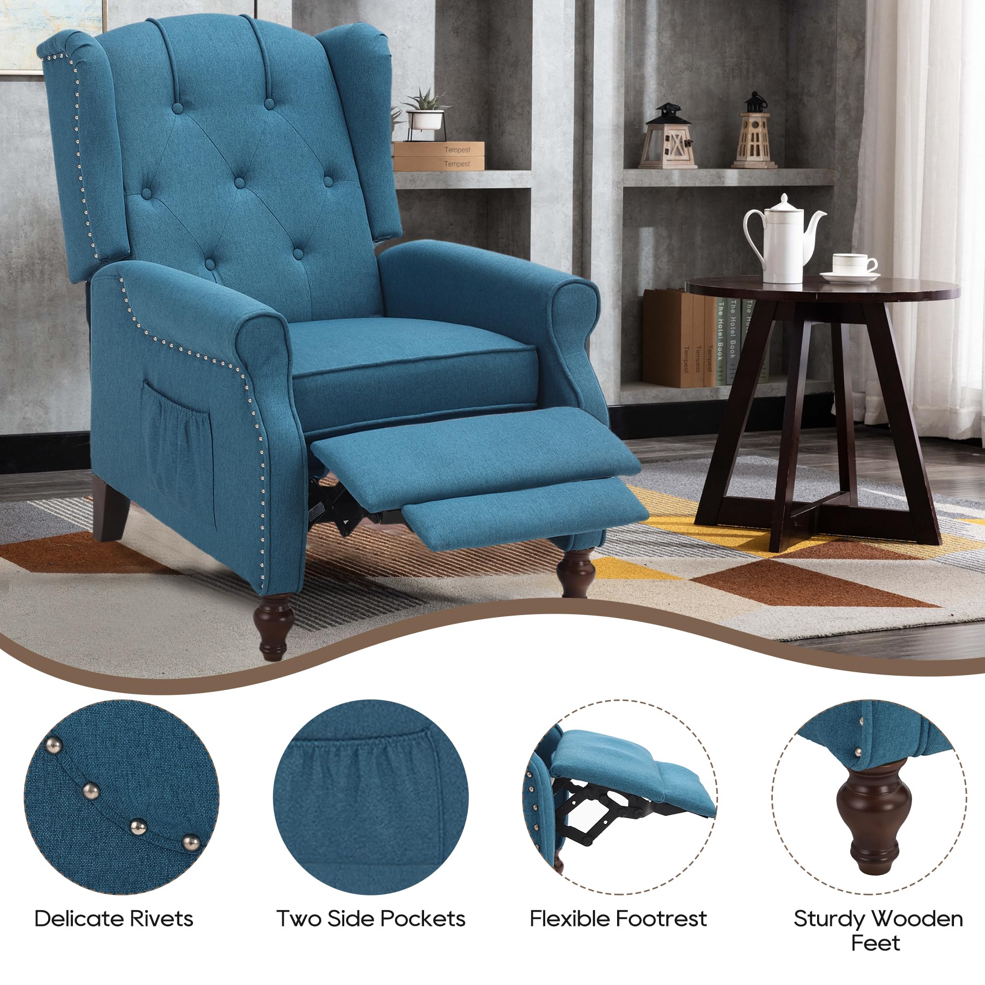 Wingback Chair with Massage and Heat, Tufted Fabric Pushback Recliner Chair, Wingback Recliner Chair with Remote Control, Padded Cushion, Wooden Legs, Small Recliners for Small Spaces