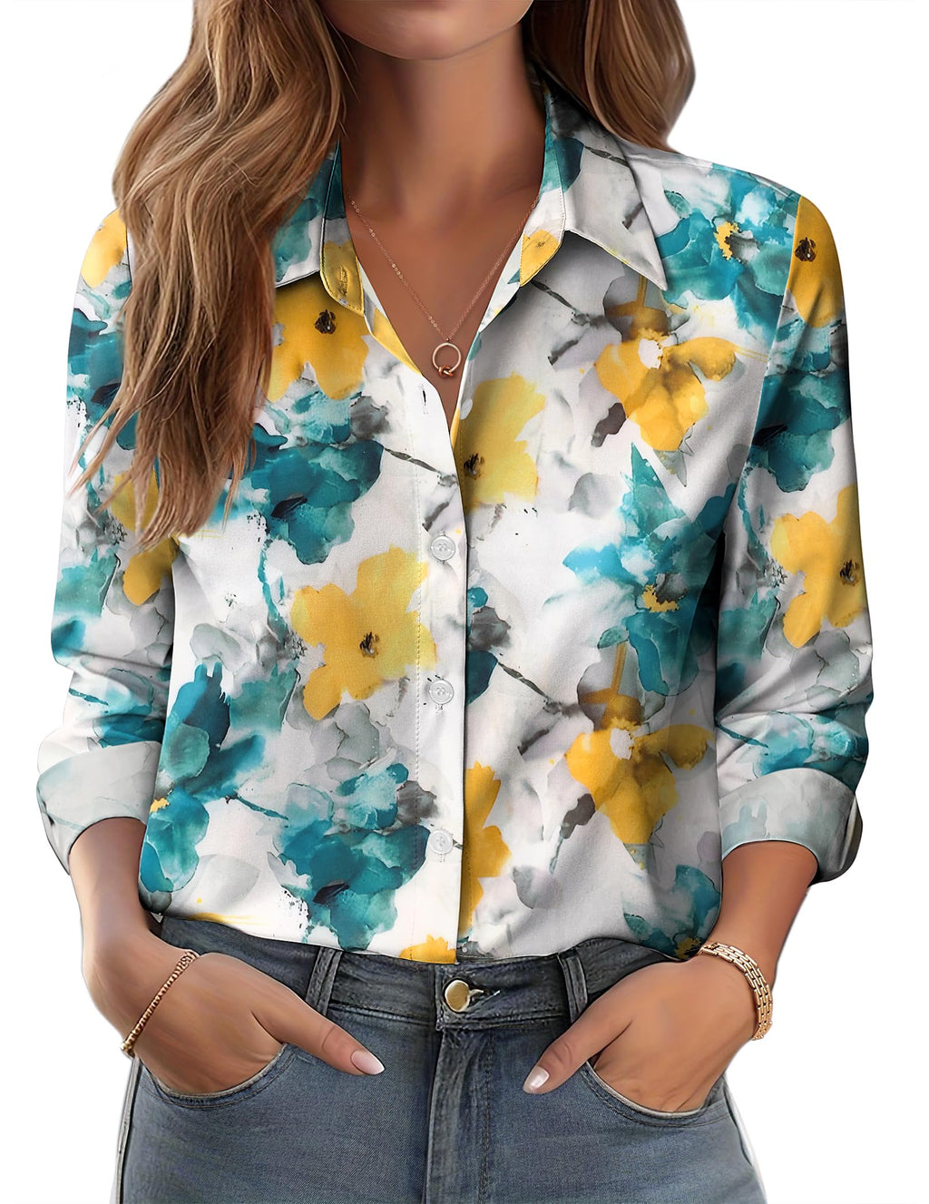 Zeagoo Button Down Shirts for Women Dressy Floral Printed Long Sleeve Blouse Business Casual Work Tops