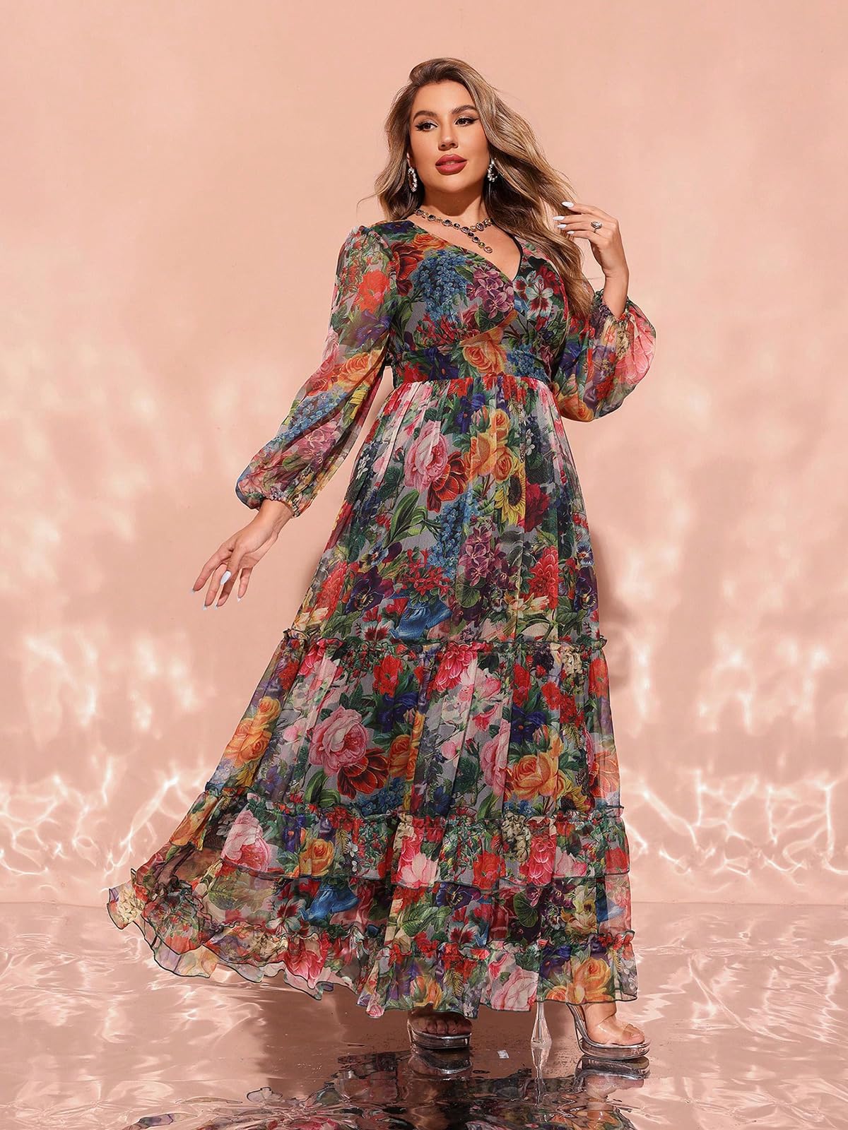 Spring Summer 2024 Plus Size Womens Dresses V Neck Casual Elegant Long Sleeve Floral Print Maxi Dress
