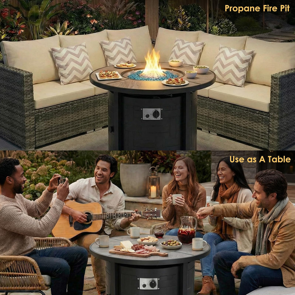 TLGREEN Propane Fire Pit Table 30 Inch Round – 50,000 BTU Outdoor Fire Pit with Lid, Converts to Patio Coffee Table, Certified, Includes Waterproof Cover & Blue Fire Glass(Grey)