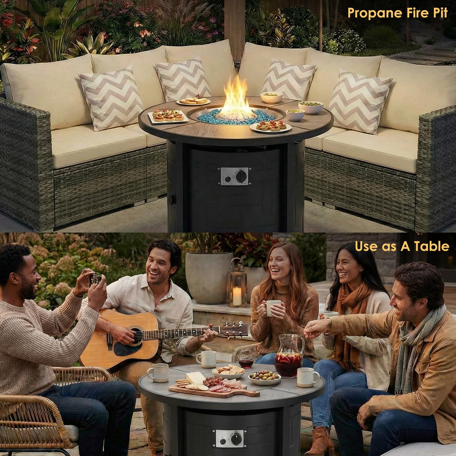 TLGREEN Propane Fire Pit Table 30 Inch Round – 50,000 BTU Outdoor Fire Pit with Lid, Converts to Patio Coffee Table, Certified, Includes Waterproof Cover & Blue Fire Glass(Grey)