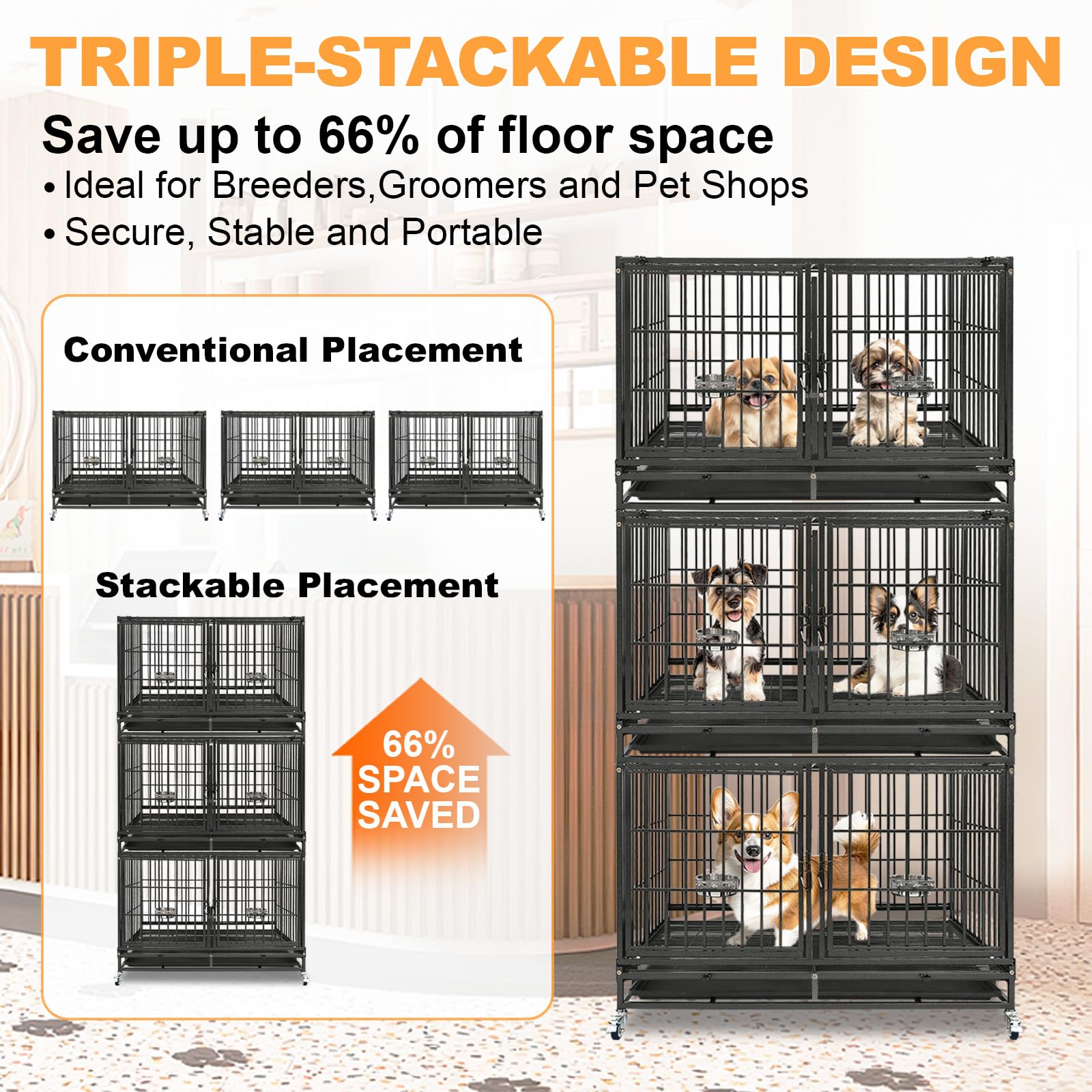 Homey Pet 37 inch Stackable Heavy Duty Dog Crate, Indestructible Escape Proof Dogs Cage Kennel with Lockable Wheels, Removable Tray & Metal Grid, Double Doors for High Anxiety Medium/Small Dogs