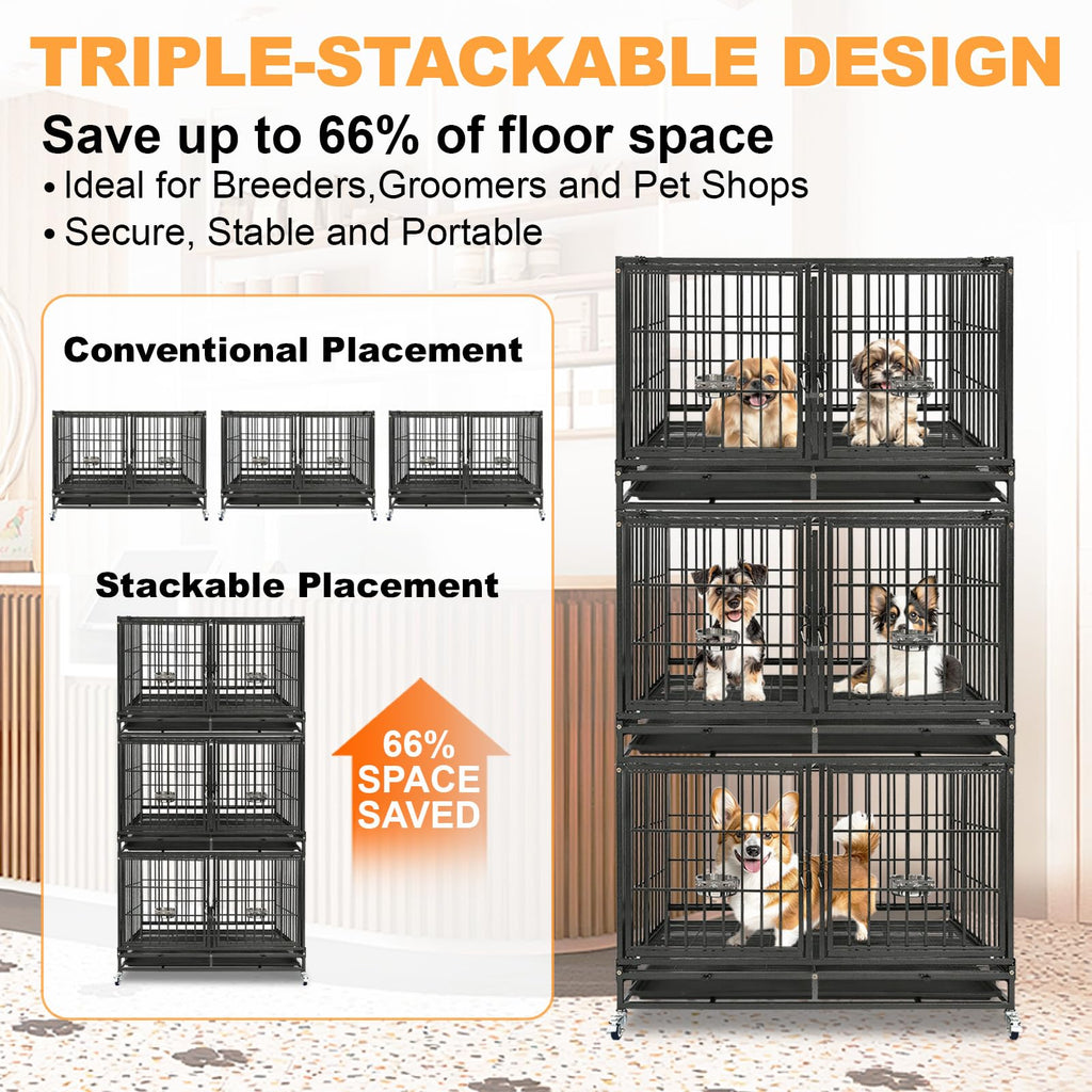 Homey Pet 37 inch Stackable Heavy Duty Dog Crate, Indestructible Escape Proof Dogs Cage Kennel with Lockable Wheels, Removable Tray & Metal Grid, Double Doors for High Anxiety Medium/Small Dogs
