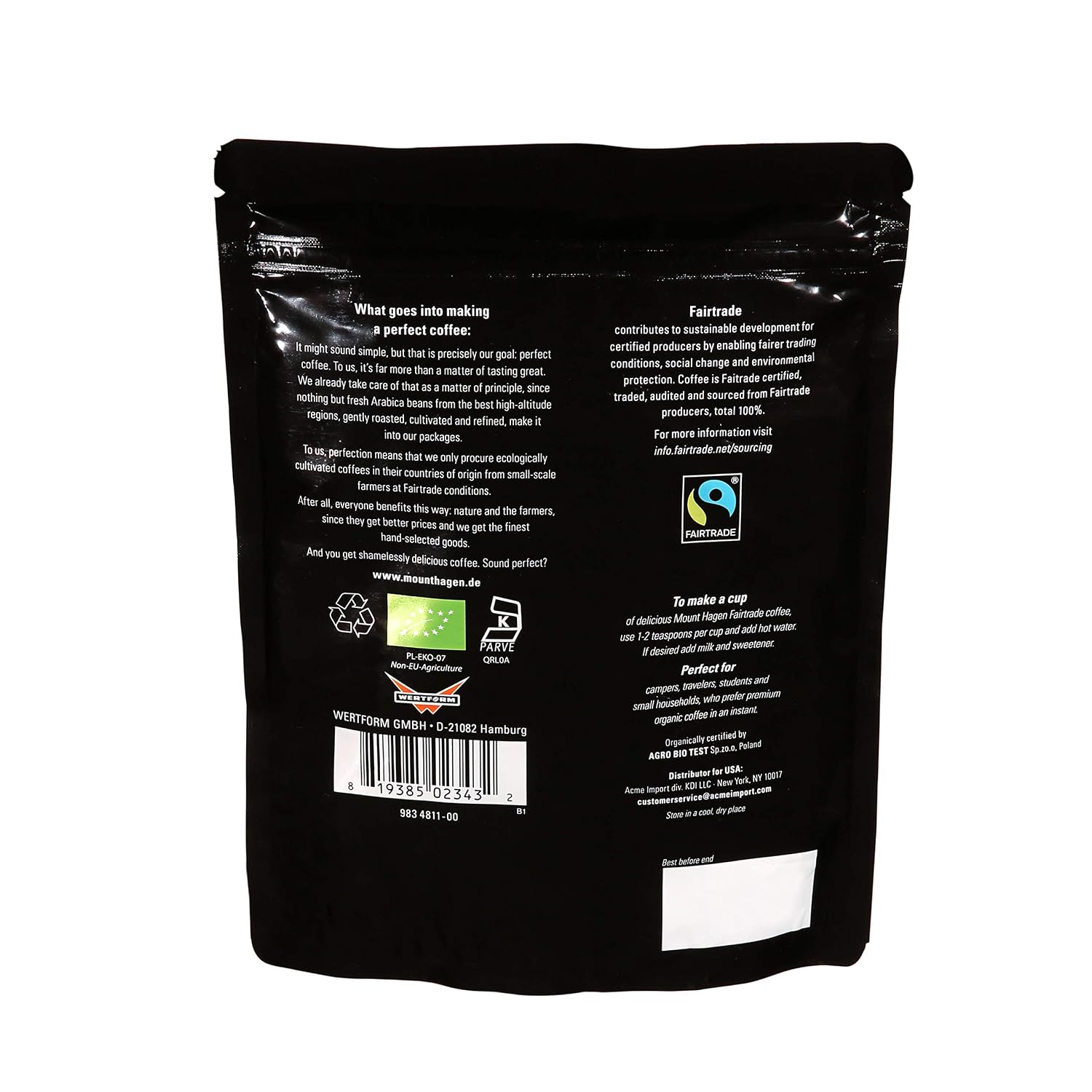Mount Hagen 7.05oz Organic Freeze Dried Instant Caffeinated + Decaffeinated Coffee Resealable Pouch Bags - 2 Pack | Eco-friendly, Fair-Trade Coffee, Medium Roast Arabica Beans [2x7.05oz]