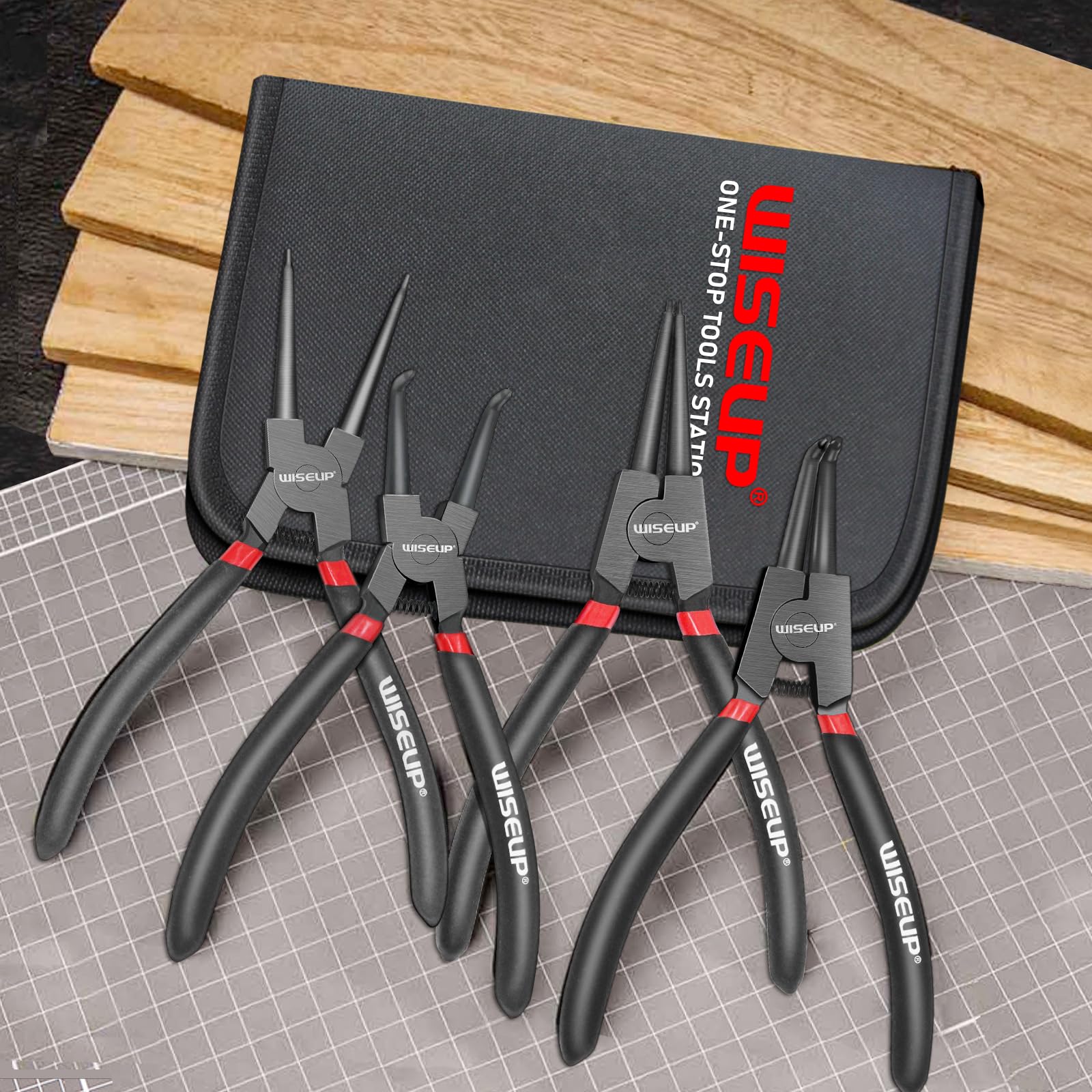 WISEUP Snap Ring Pliers Set, Heavy Duty 4PCS-7 inch Internal/External Circlip Pliers Kit, Straight/Bent Jaw Tips for C-Clip Ring Remover
