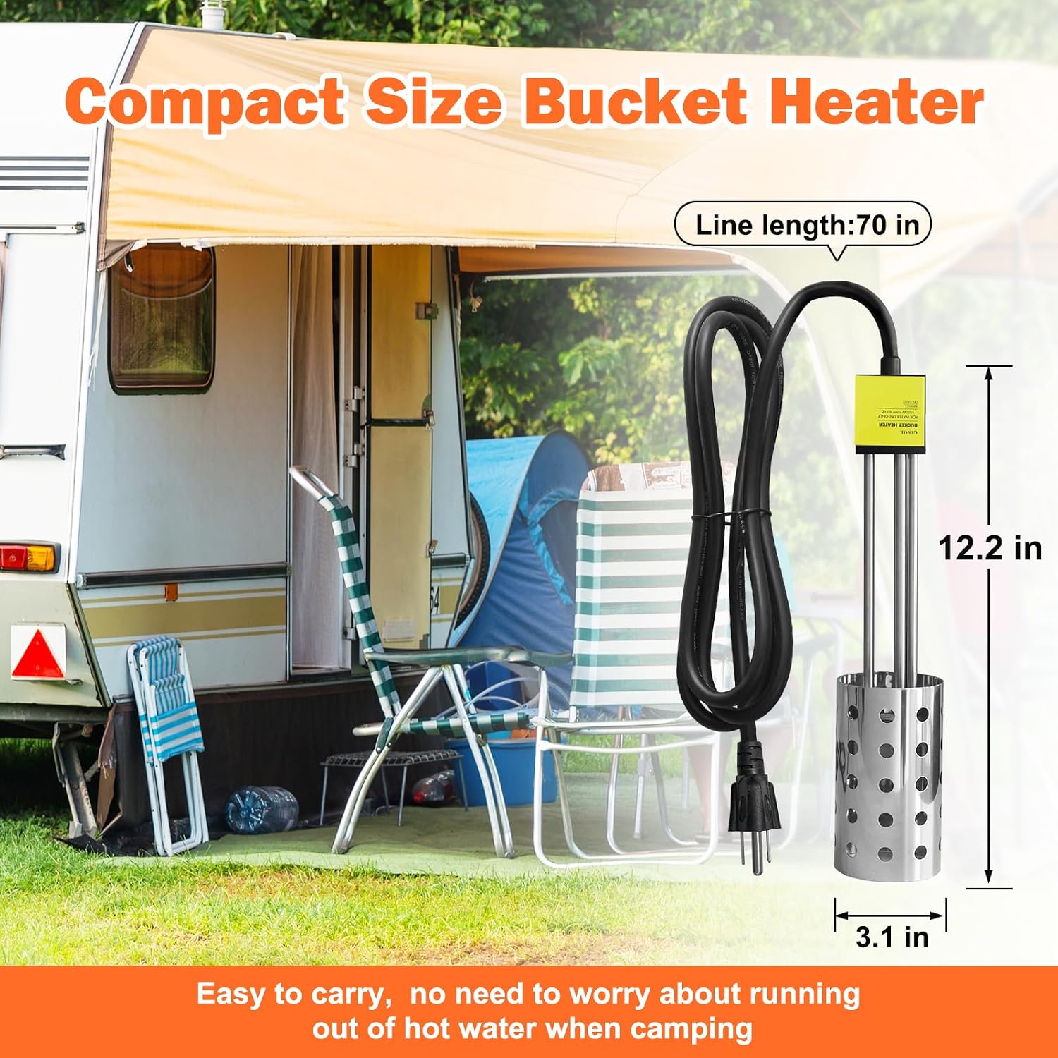 1500W Bucket Heater, Rust Proof Built in Temperature Controller Immersion Water Heater, Heats 5 Gallons of Water in Minutes with Auto Shutoff, for Home Outdoor Camping and Winter Job