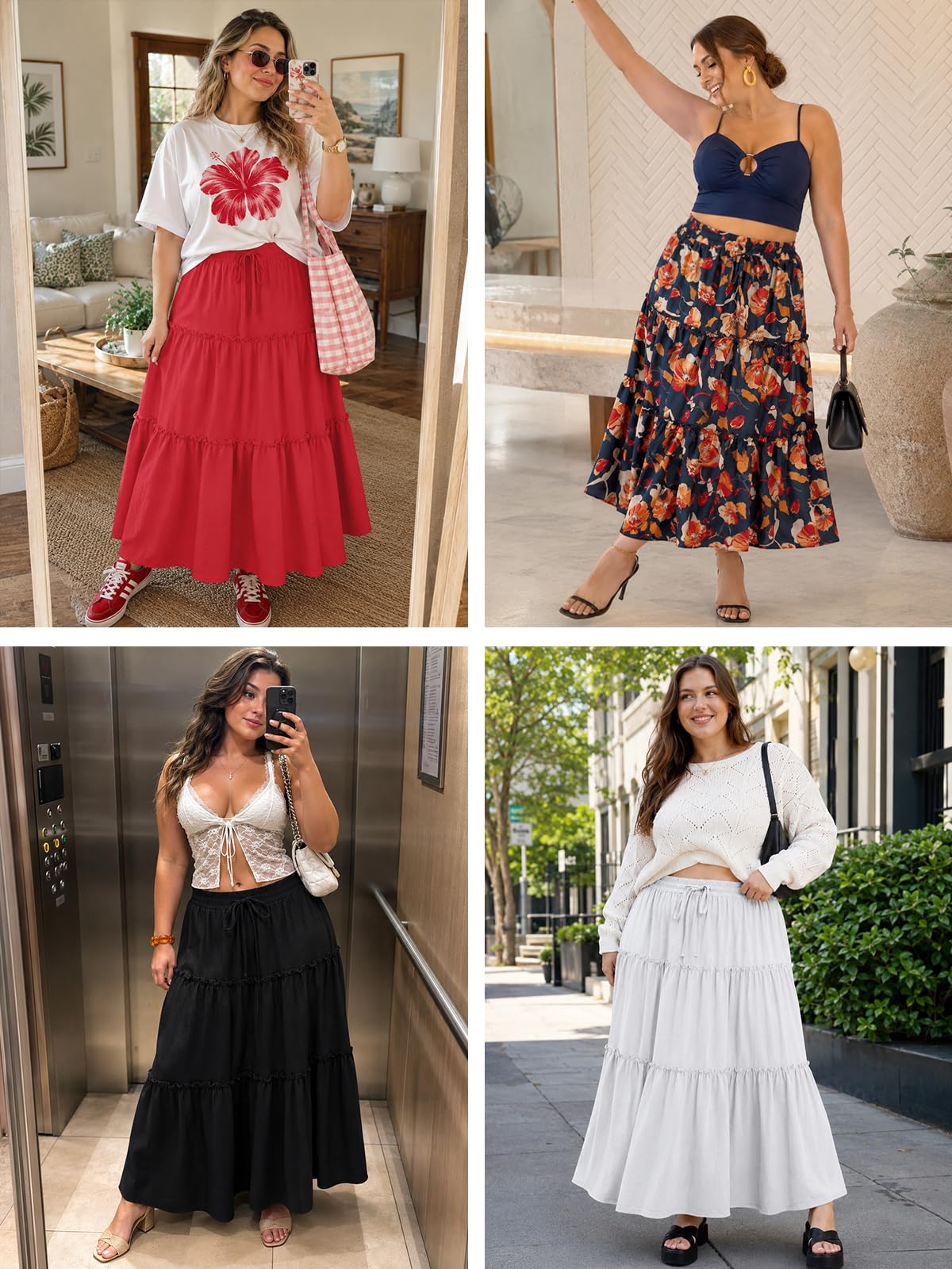 Moon Wood Plus Size Maxi Skirts for Women Trendy Long Flowy Boho Tiered Skirt Renaissance Summer Beach Skirt with Pockets