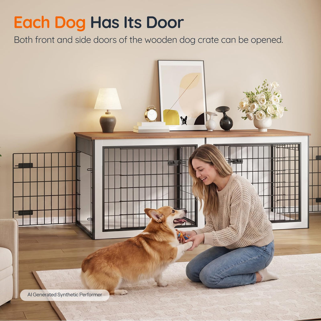 HOOBRO Dog Crate Furniture for 2 Dogs, 63" Large Double Dog Crate Furniture with Divider, Wooden Indoor Kennel TV Stand for Medium Large Dogs, Rustic Brown BF55GW03
