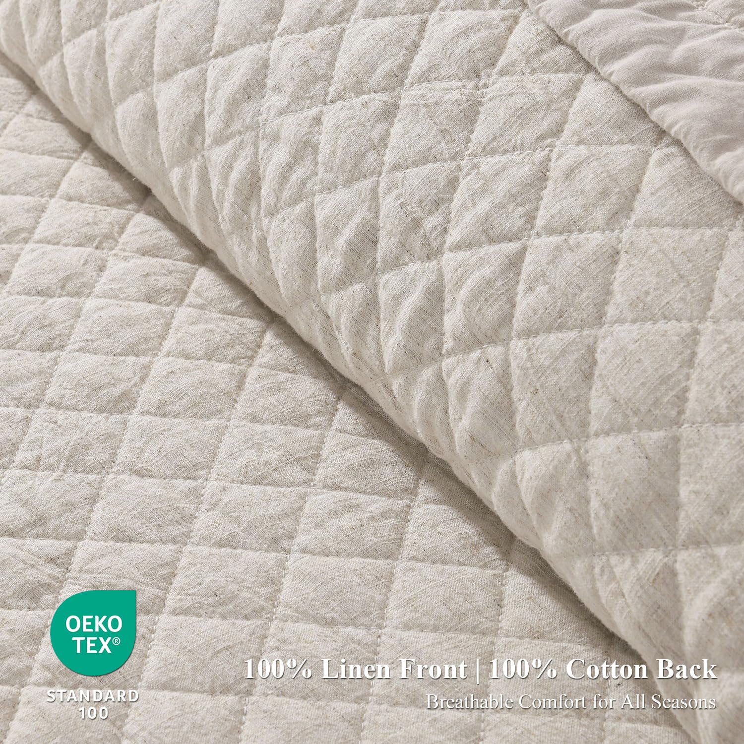 Grassix Linen Quilt Set Queen Size 3-Piece, 100% Linen Front & Cotton Back, Prewashed Diamond Stitch Bedspread with 2 Shams, Lightweight Breathable Quilt for Hot Sleepers, Modern Farmhouse Bedding