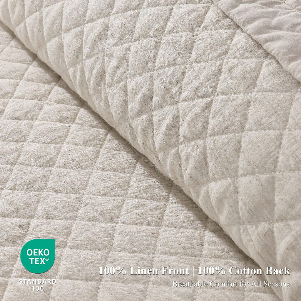 Grassix Linen Quilt Set Queen Size 3-Piece, 100% Linen Front & Cotton Back, Prewashed Diamond Stitch Bedspread with 2 Shams, Lightweight Breathable Quilt for Hot Sleepers, Modern Farmhouse Bedding