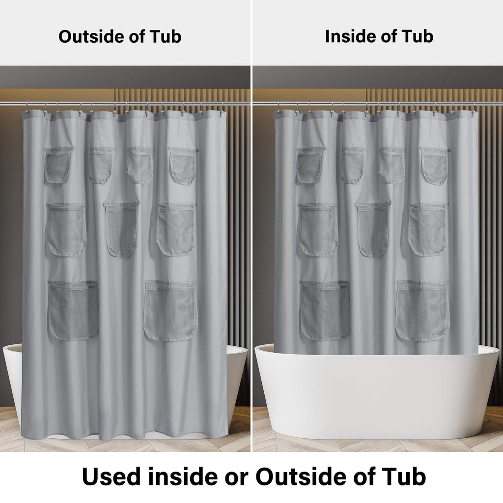 N&Y HOME Waterproof Fabric Shower Curtain or Liner with 9 Mesh Pockets - Black, 71x72 Inches