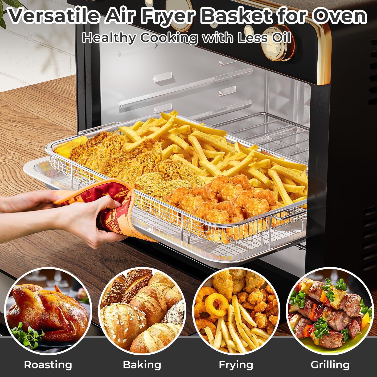 Air Fryer Basket for Oven, Large14.88"×10.98"Air Fryer Pans for Convection Oven with 30 Sheet Parchment Papers, THORSES Non-Stick Stainless Steel Air Fryer Basket and Tray for Multi Cooking - Black