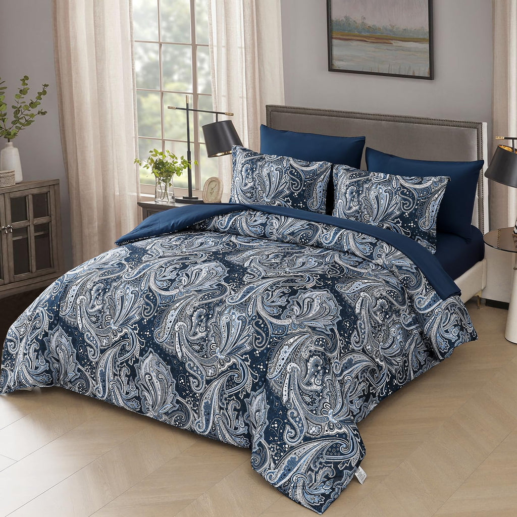 DJY Black Paisley Comforter Set Full Size 7 Piece Bed in a Bag Black and Grey Boho Paisley Pattern Comforter Set Soft Lightweight Microfiber Reversible Bedding Set for All Season