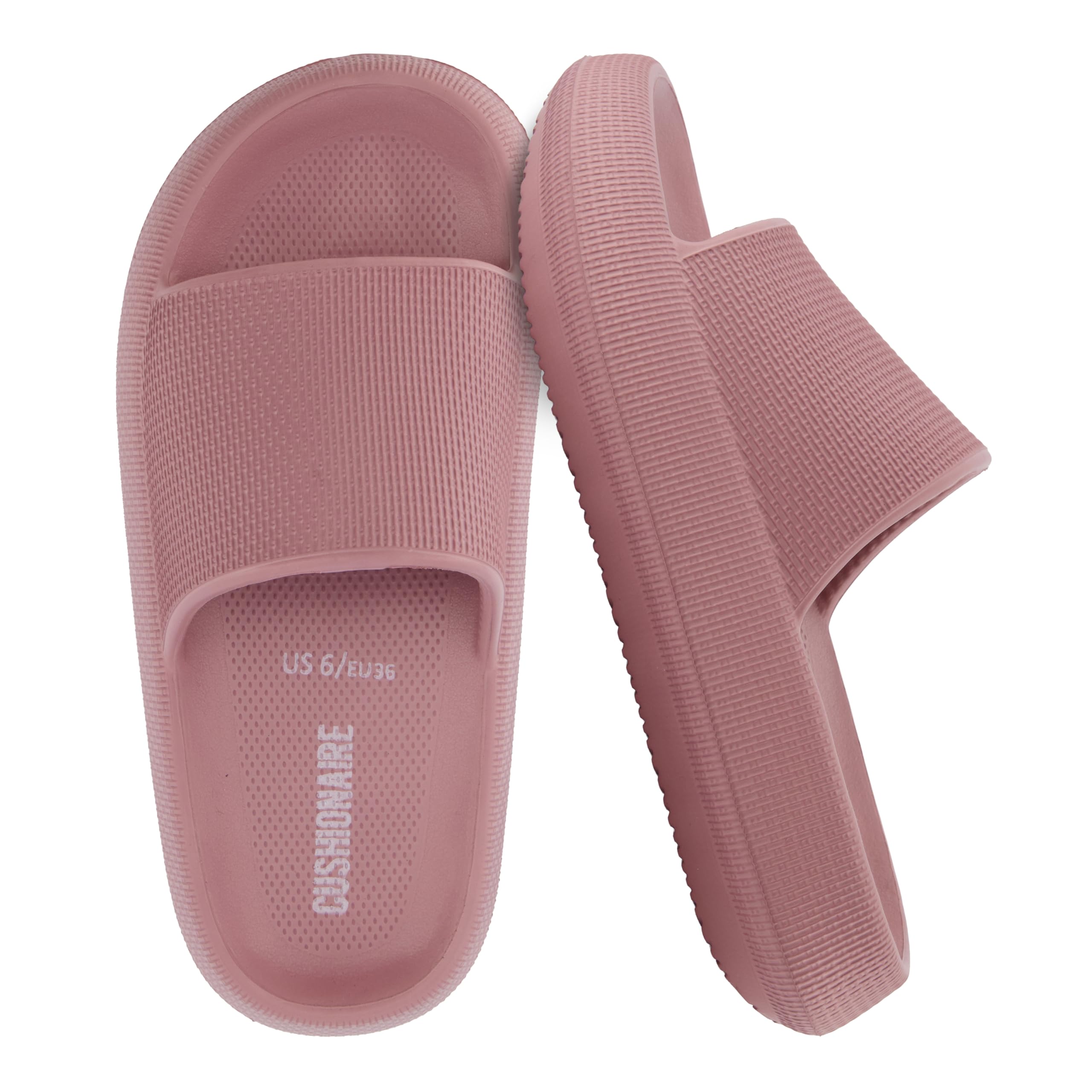 CUSHIONAIRE Feather EVA Slides for Women – Comfortable Slip On Womens Slippers, Indoor Outdoor Shower Shoes, Beach Essential Cloud Slides