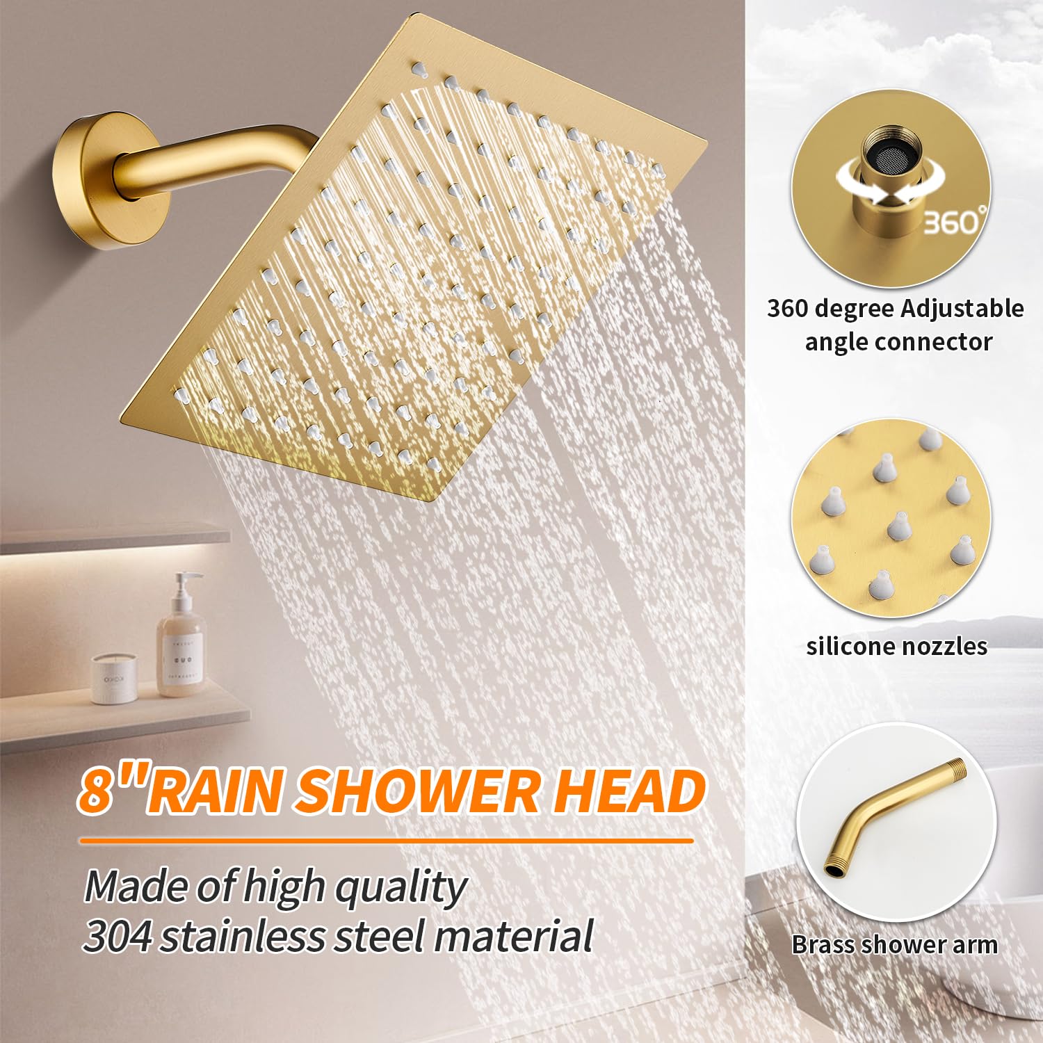 Gold Brushed Tub Shower Faucet Set With 8" Shower Head & Spout