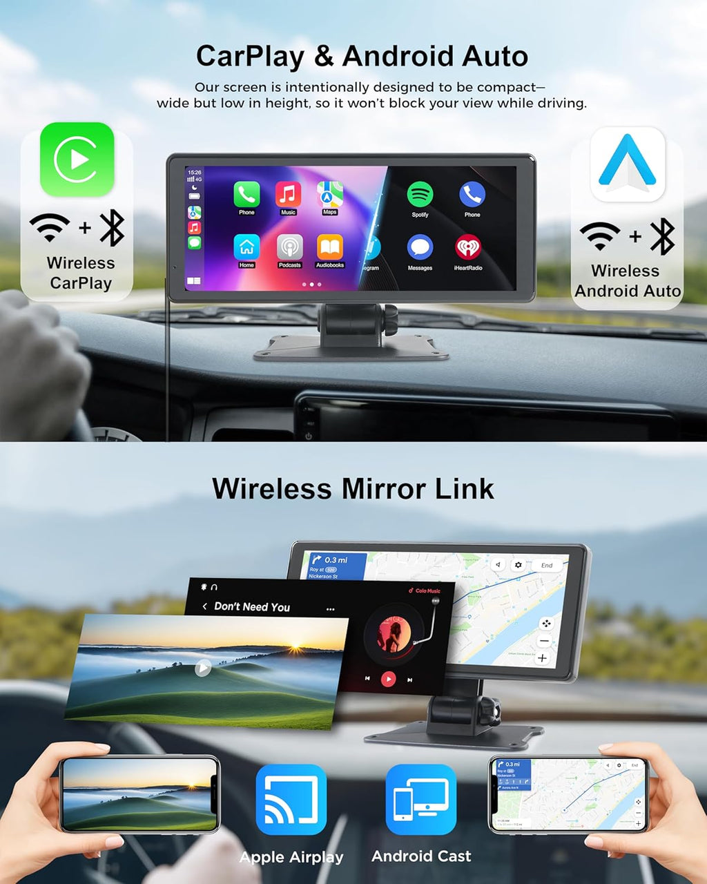 Portable Carplay Screen 8.1" Wireless Android Auto Car Stereo | 4K dash cam & 1080P backup camera system with mirror link, Bluetooth, GPS. For older cars, Truck, SUV, Van, all vehicles.