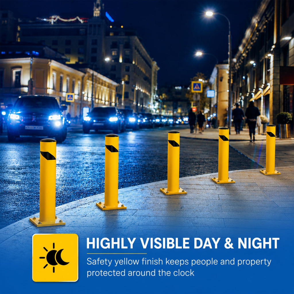 Crowd Control Warehouse Trafford Industrial Steel Bollards 24” Height, Safety Steel Post, Yellow Powder-Coated Finish Heavy Duty Fillable with Concrete, for Driveway Barrier, Parking Pole & Traffic