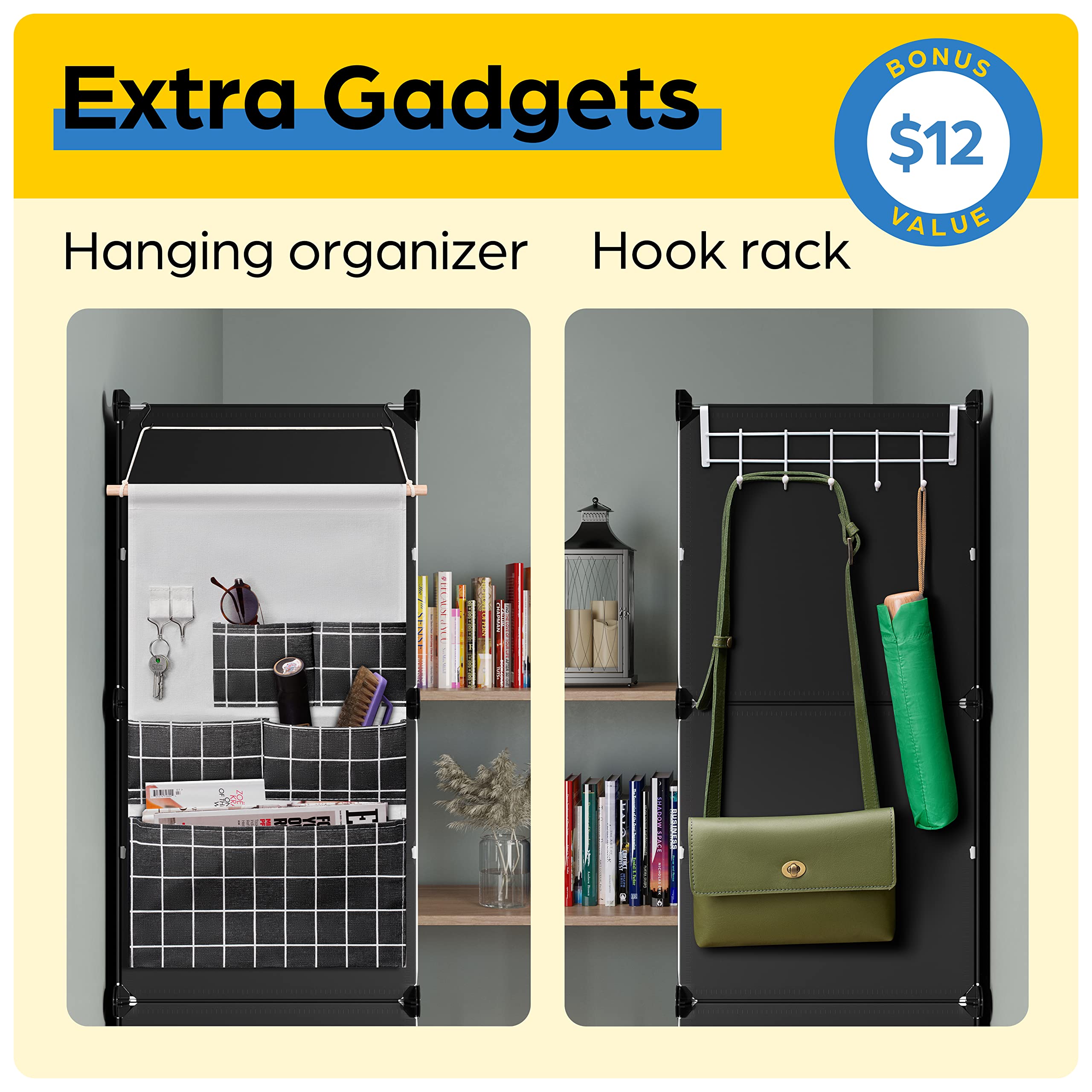 CUBEDIY Shoe Organizer Cabinet Up to 72 Pairs, Shoe Closet-Covered Shoe Rack with See-Through Door (Clear, Plastic, Stackable) Cubby Portable Shoe Organizer with Covers, Hooks & Pockets, Black