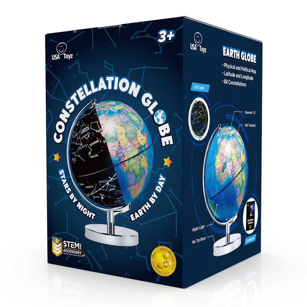 USA Toyz Illuminated Globe for Kids Learning- 3-in-1 STEM Globes of the World with Stand, Constellation Map, Built-in LED Night Light Desk Globe Lamp, Non-Tip Metal Base, 9.75” Tall, 7 Inch Diameter