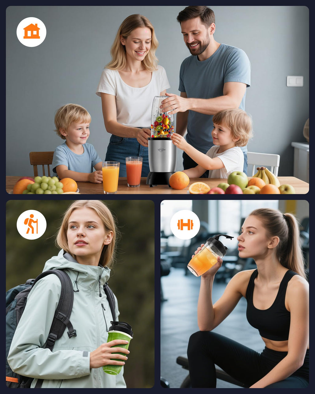 Sangcon 1000W Smoothie Blender for Kitchen, Blenders for Smoothies with (3) Cups (2) Spout Covers (1) Storage Cap (1) To-Go Cap, Portable Blender for Shakes, Ice Crushing, Frozen Drinks, Spices