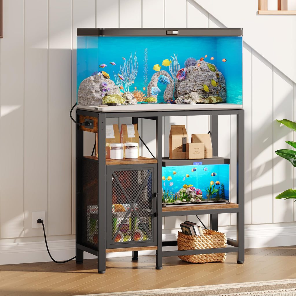 MAHANCRIS 20-37 Gallon Fish Tank Stand, Aquarium Stand with Power Outlet and Storage Cabinet, Heavy Duty Tank Stand Suitable for Turtle Tank, Reptile Terrarium, for Home Office, Black FTHB40E01