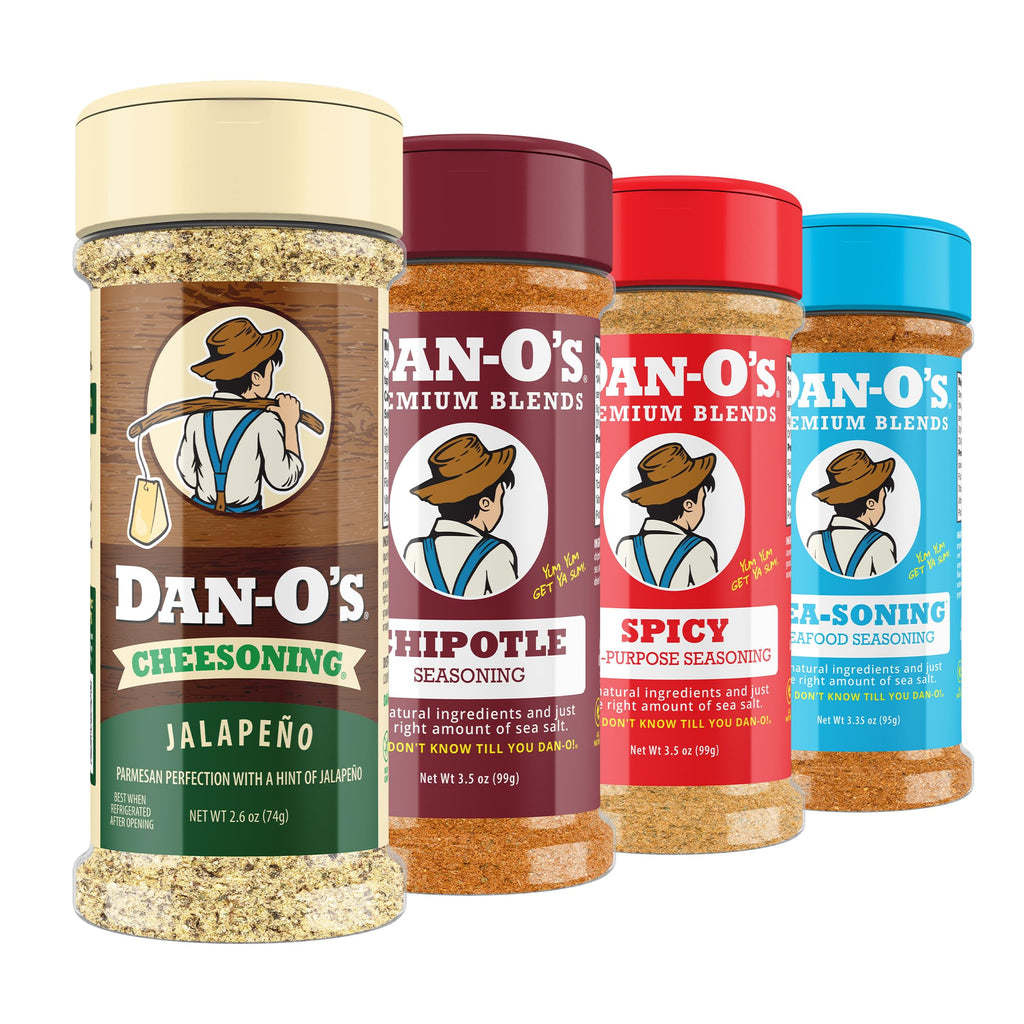 Dan-O's Cheesoning Block Seasoning Set, Small Bottles, 4 Pack, Includes Ranch Cheesoning, Red Pepper Cheesoning, Cheesoning, and Jalapeño Cheesoning Seasonings, Sugar Free, Zero Calorie, Use this Seasoning Kit in Pasta, Toppings or Sauce