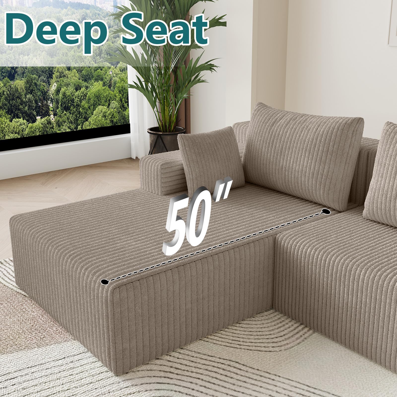 Lakifun 107" L-Shape Sofa with Ottoman, Modern Modular Sectional Comfy U-Shape Cloud Couch, Deep Seat, Upholstered Corduroy Sleeper Chaise Longue for Living Room Bedroom, No Assembly Required, Black