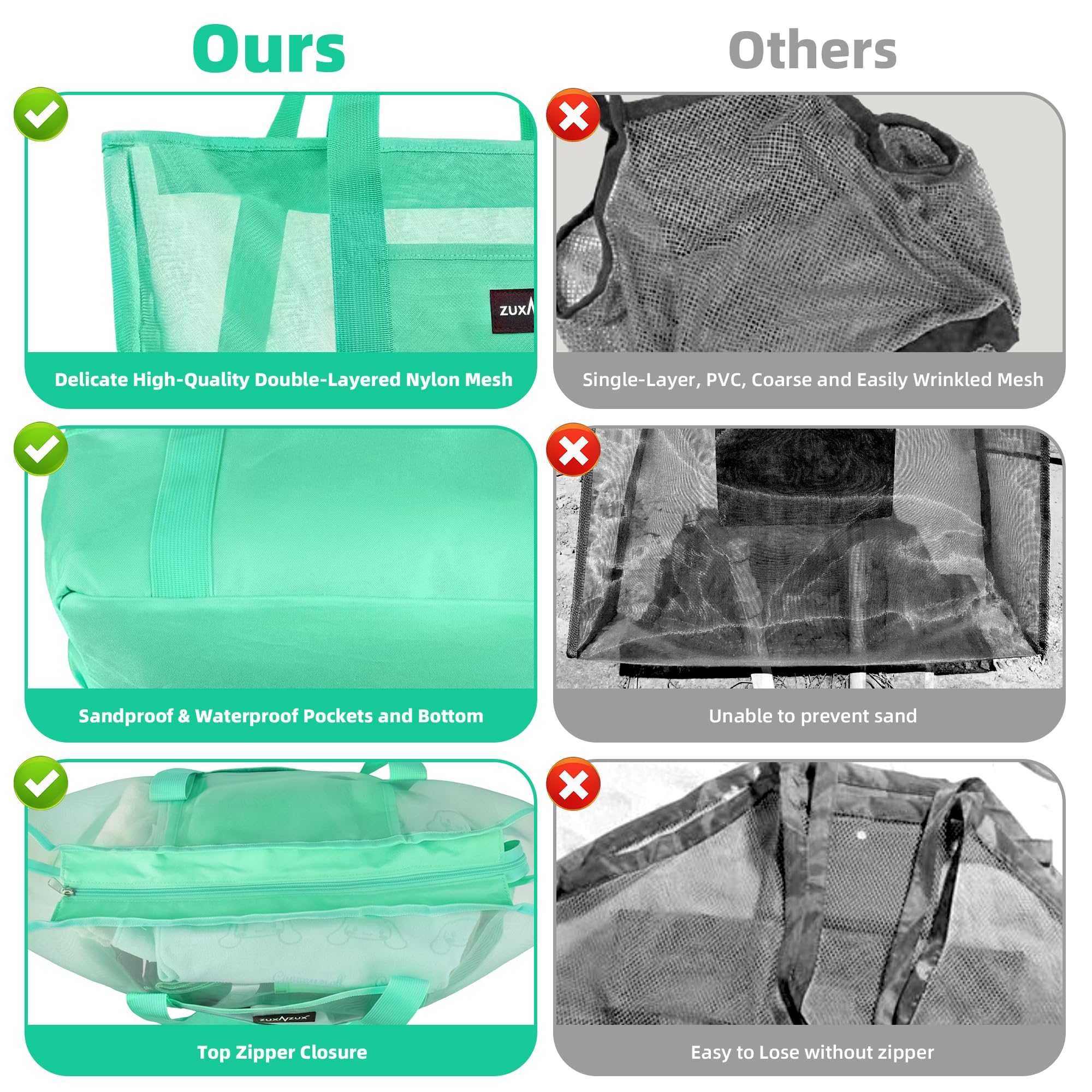 Mesh Beach Bag - Large Waterproof Beach Tote Bag with Zipper, Oversized Foldable Lightweight Family Swim Bag Vacation