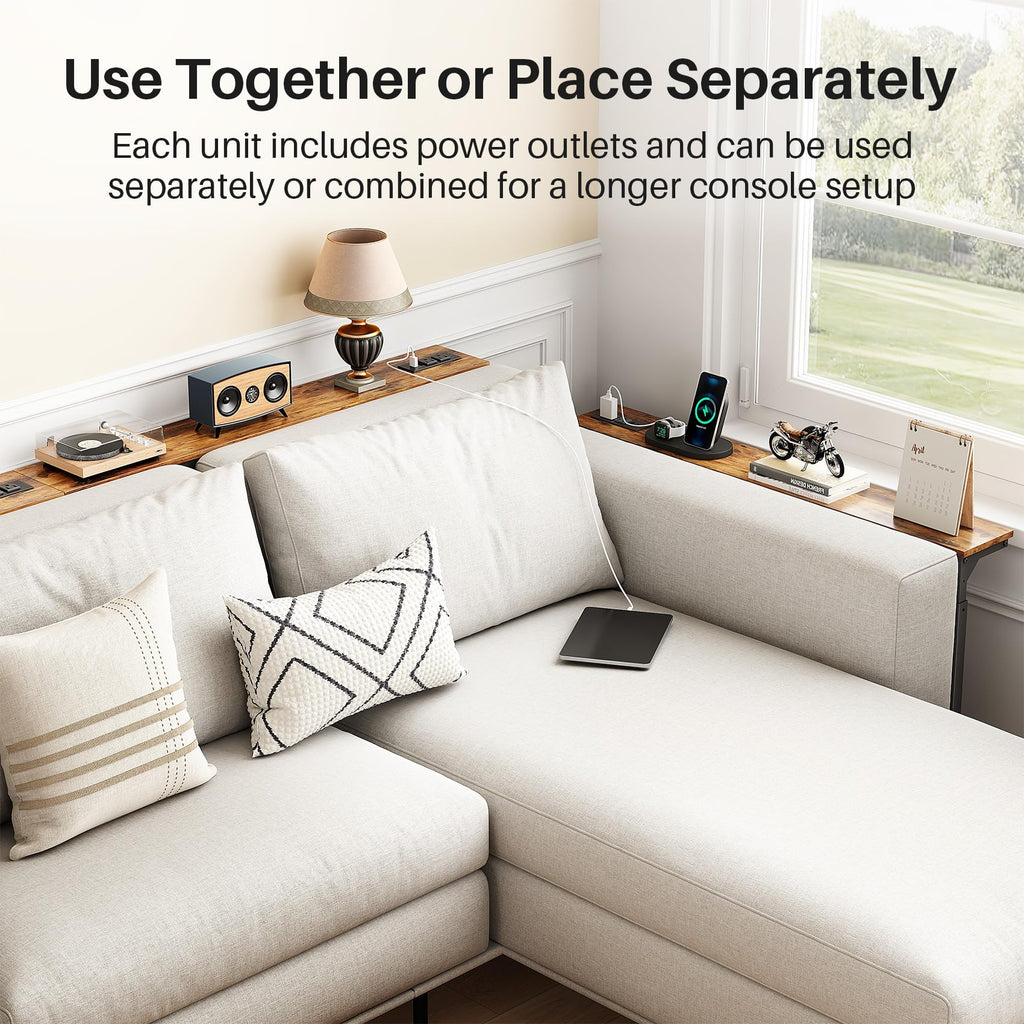 Kitstorack Narrow Sofa Table with Charging Station, 78.8" Behind Couch Table, Adjustable 24.4"-32.7" Height, Modular 2-piece Design for sectionals, entryways, Apartments, and Narrow Living Spaces