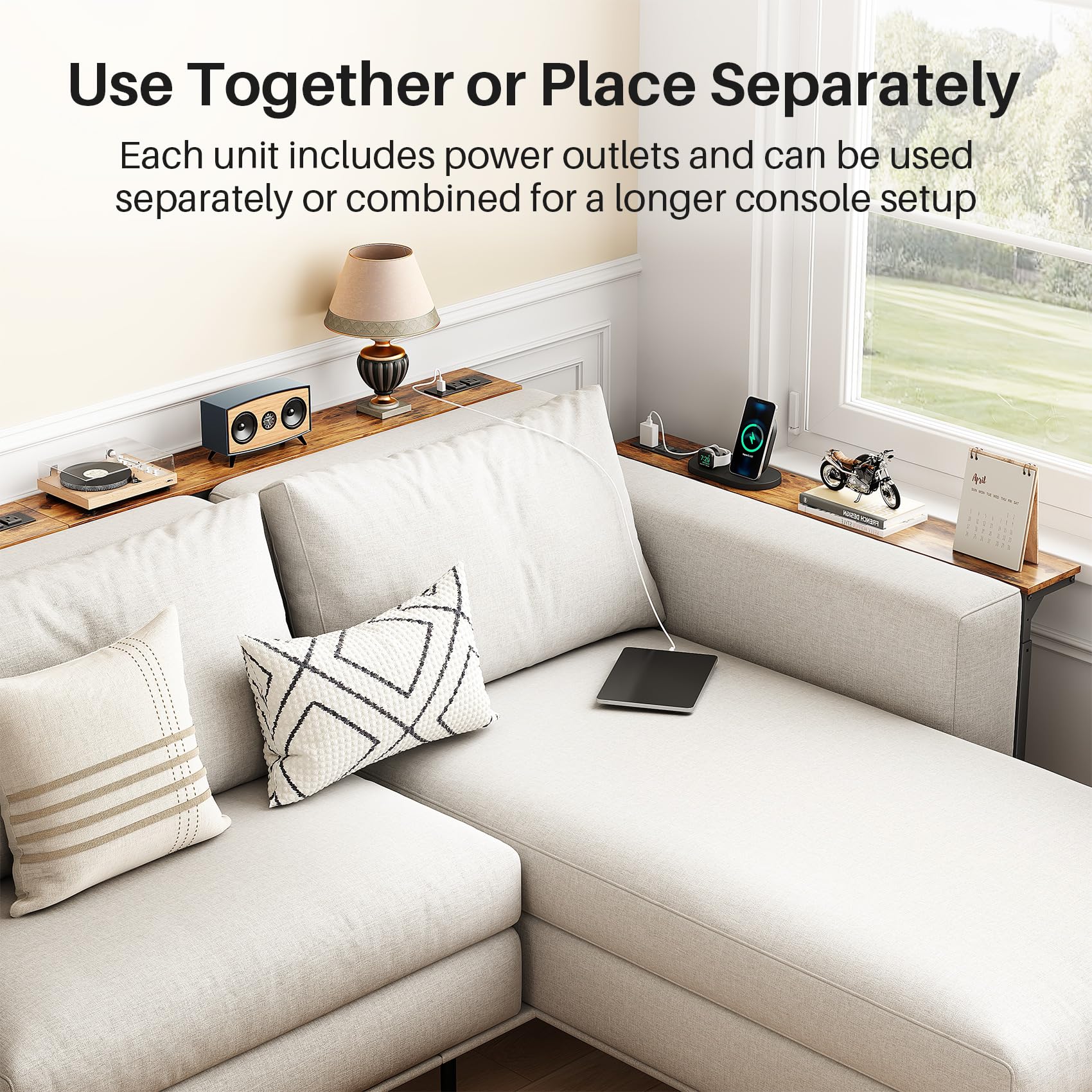 Kitstorack Narrow Sofa Table with Charging Station, 78.8" Behind Couch Table, Adjustable 24.4"-32.7" Height, Modular 2-piece Design for sectionals, entryways, Apartments, and Narrow Living Spaces