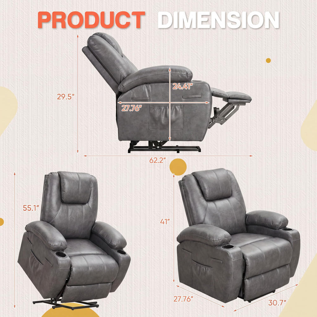 Furmax Electric Power Lift Recliner Chair with Massage for Elderly Corduroy Fabric Recliner Single Sofa with Cup Holders, Side Pockets and Remote Control for Living Room Bedroom (Leathaire, Brown)