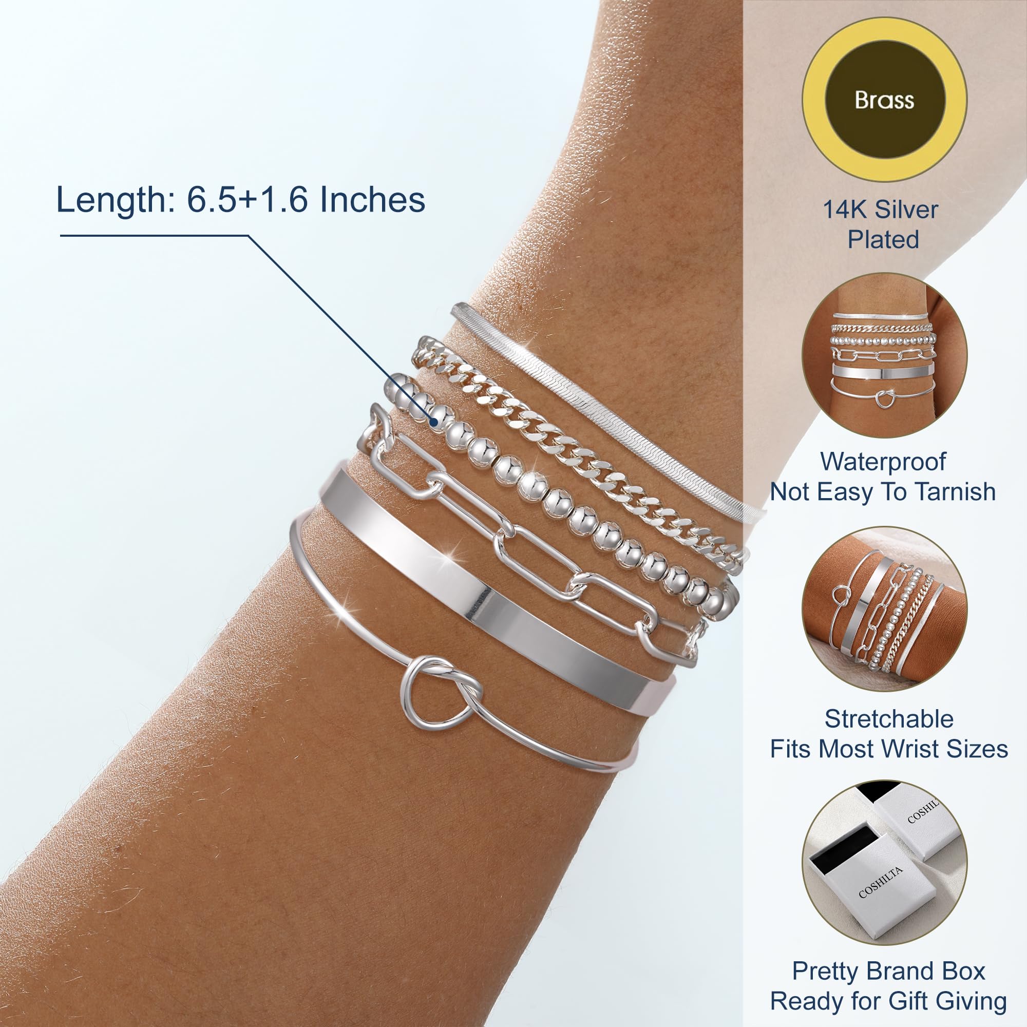 Coshilta Gold Bracelets for women 14K Gold Bangle Bracelet Stack - Adjustable Waterproof Trendy Bracelets Gold Filled Stacks Bangles Link Chain Gold Bracelet Non Tarnish for Women Jewelry Gifts