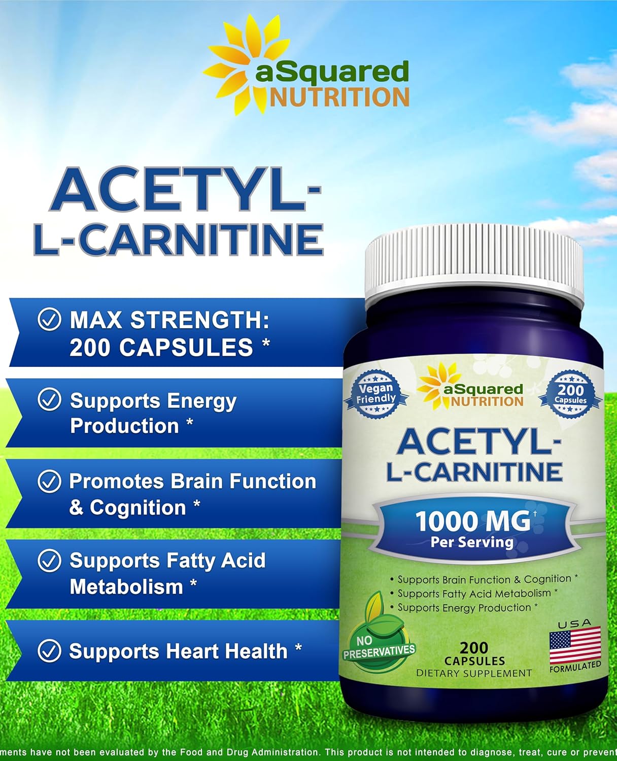 aSquared Nutrition Acetyl L-Carnitine 1000mg Per Serving Max Strength - 200 Veggie Capsules - High Dosage Acetyl L Carnitine HCL (ALCAR) Supplement Pills to Support Pure Energy, Brain Function