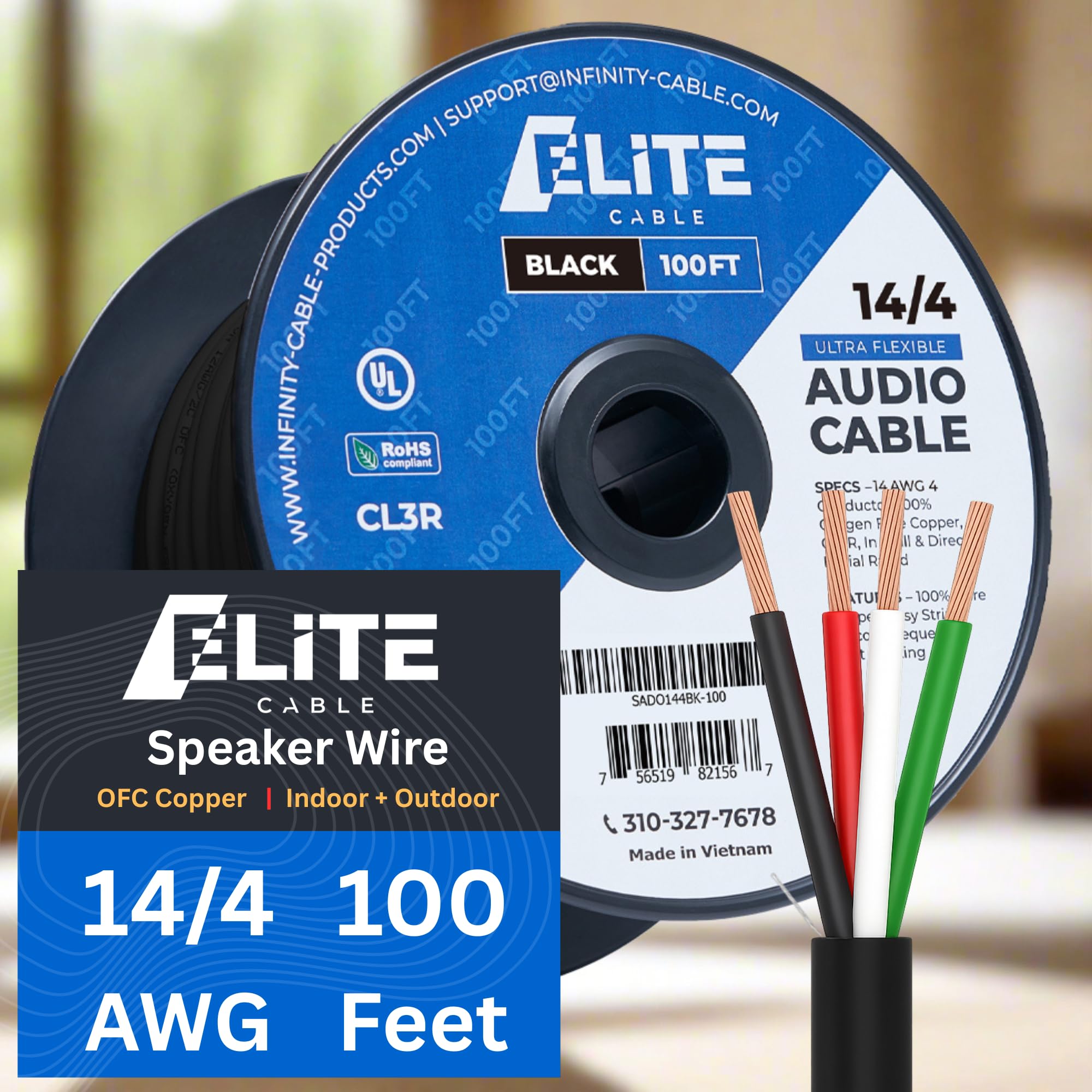 Elite 12/2 Speaker Wire 100ft, UL Listed, CMR/CL3R, (Riser/in-Wall & Outdoor/In-Ground (Direct Burial)- 100% Oxygen Free Pure Bare Copper (OFC), 12AWG/2-Conductor, 100ft Bulk Cable (65 Strands) Black