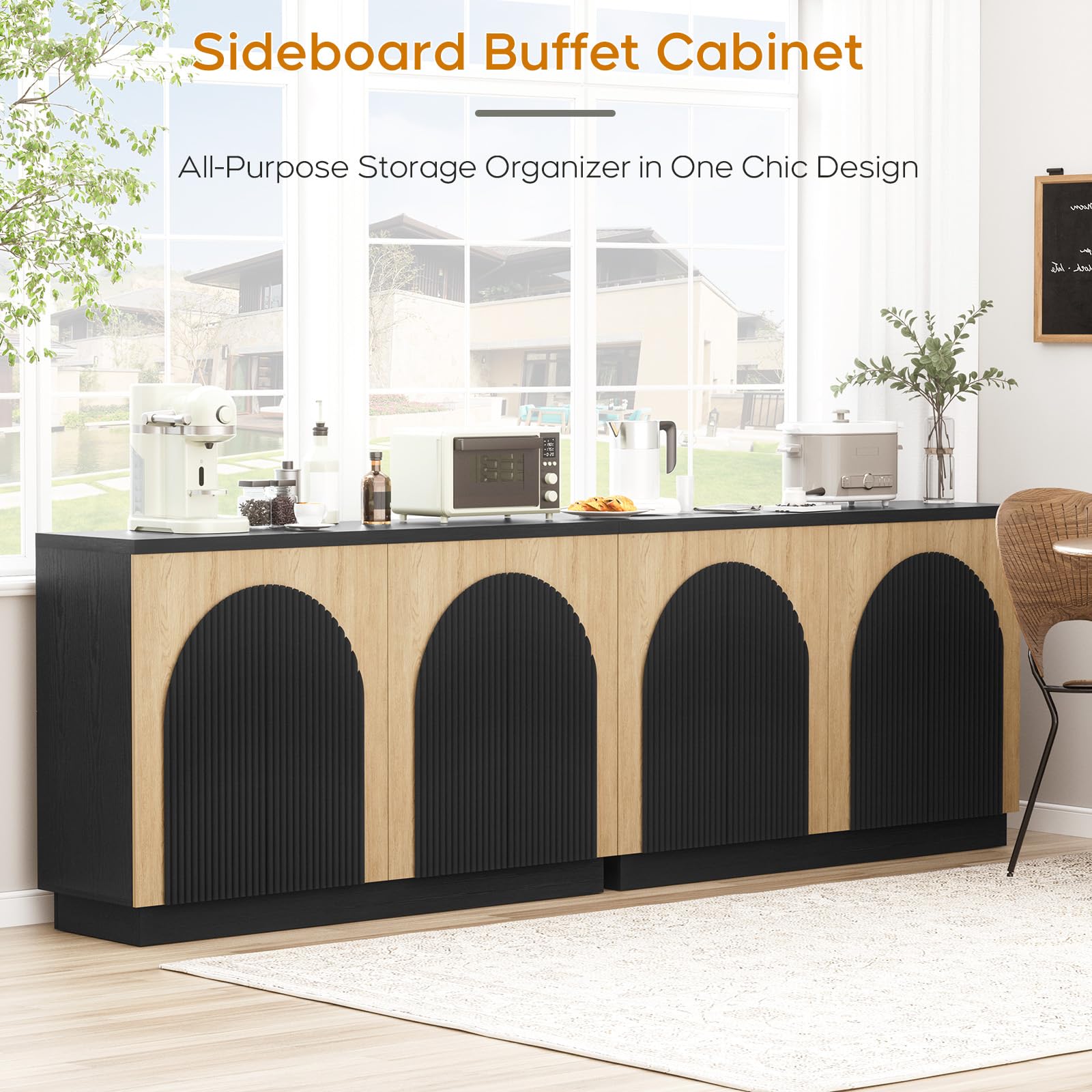Yechen 55" Fluted Sideboard Buffet Cabinet with Storage, Wood Mid Century Modern Credenza Cabinet w/Arched Reeded Doors & Adjustable Shelves for Kitchen, Living Room, Entryway