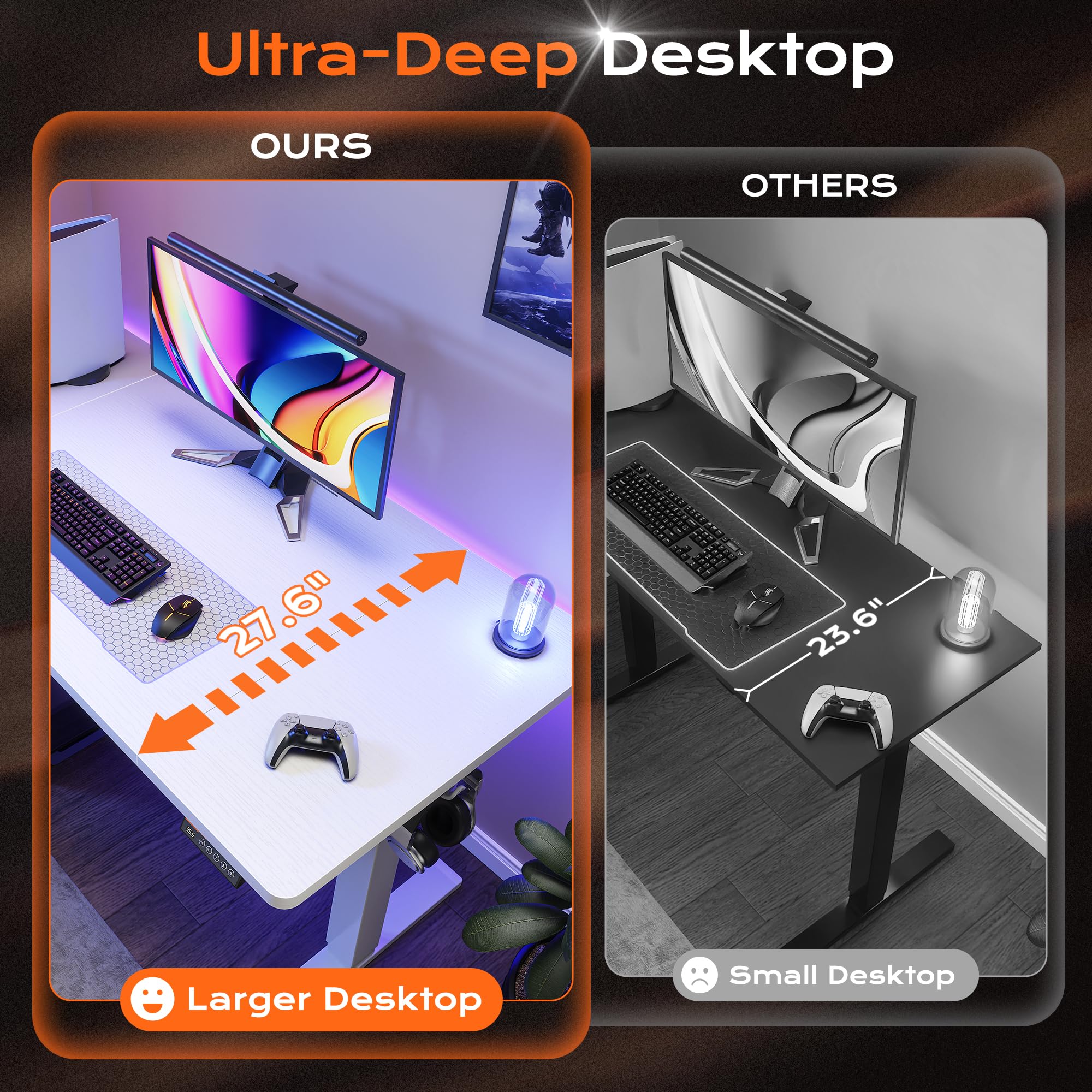 Huuger 48 x 28 Large Electric Standing Desk, Height Adjustable Desk, 27.6" Deep Desktop, Stand up Gaming, 2 Hooks, 3 Preset Heights, for Home Office, Black