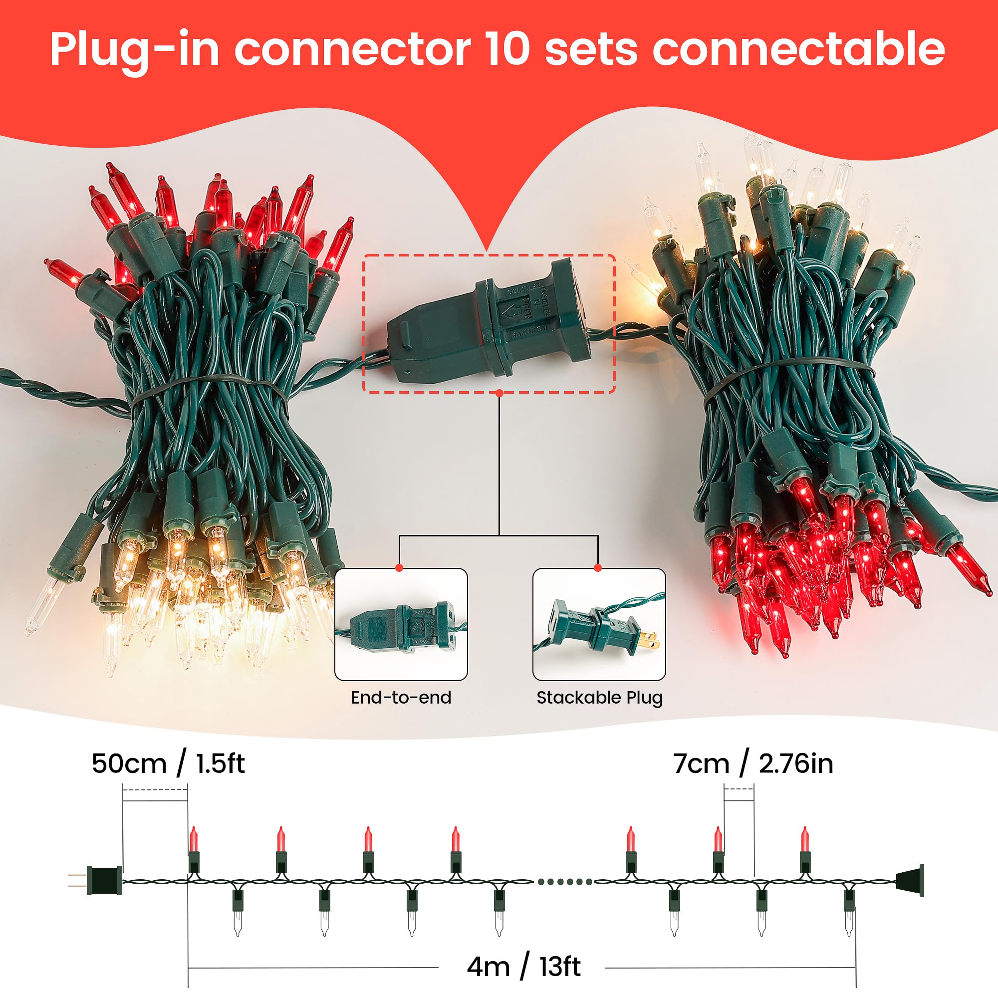 Christmas Lights Indoor Outdoor, 2PACK 13FT 50-count Lights Incandescent Mini valentine's day String Light, 120V Certified Green Wire Light for Xmas Tree, Patio, Holiday, Party, Home, Garden Decor,Red