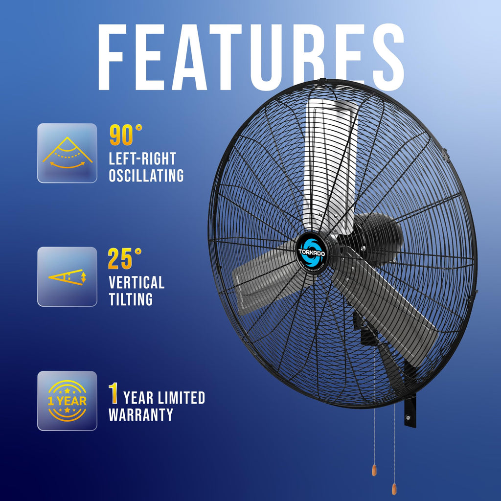 Tornado 16 Inch Professional High-Velocity Oscillating Wall-Mounted Fan – Ideal for Industrial, Commercial, and Residential Spaces – 3-Speed Settings, 2850 CFM, UL Safety Certified