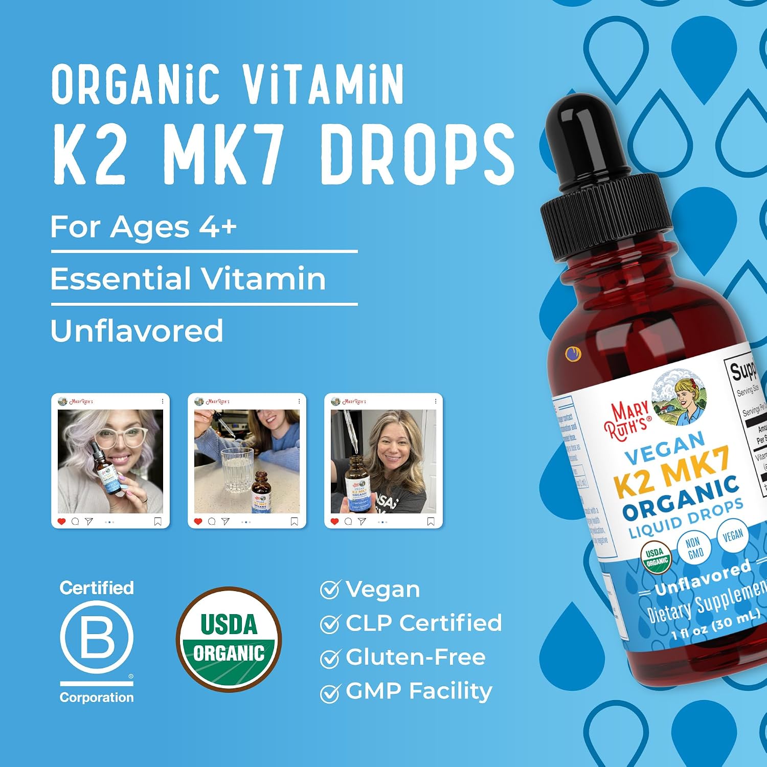 MARYRUTH'S USDA Organic Vitamin K2 MK7 Liquid Drops for Adults & Kids | Sourced from Natto | Menaquinone- 7 | Vegan K2 Vitamin for Bone Health & Calcium Absorption | 1oz | Up to 90 Servings
