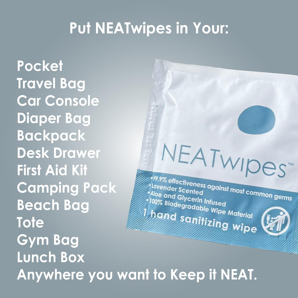 NEATwipes Hand Sanitizing Wipes | Travel Size | Disposable Wet Wipe & Biodegradable | Fresh Citrus Essential Oil | Soothing Aloe Vera | 24 Individually Wrapped Wipes