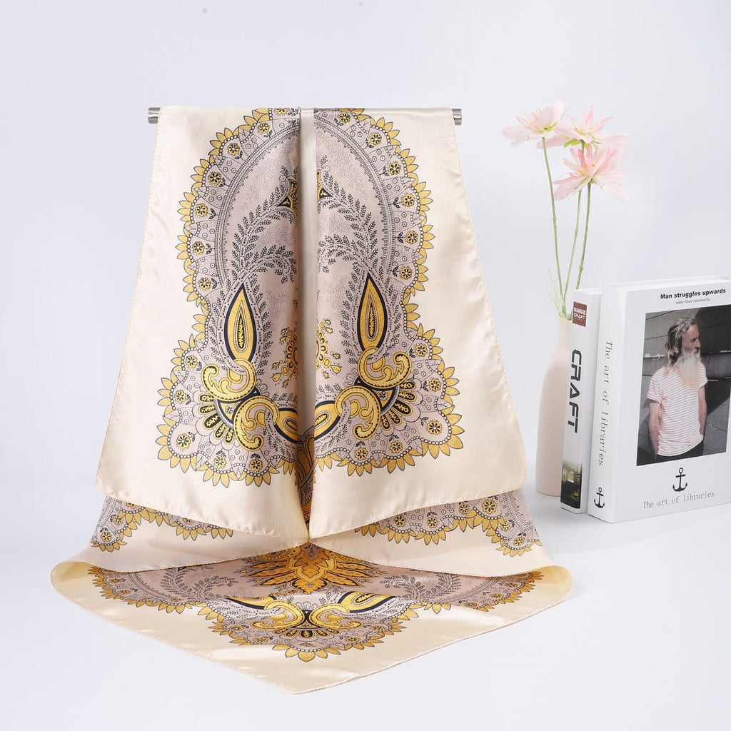 AWAYTR 35” Large Satin Square Head Scarf - 2Pcs Silk Like Floral Head Scarves Square Satin Hair Scarf Bandanas for Women