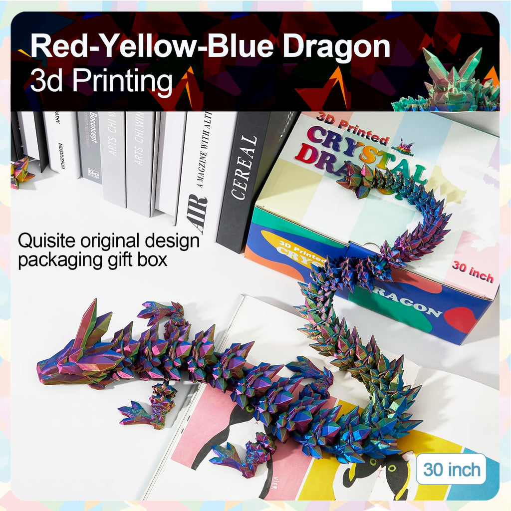 24" Large 3D Printed Dragon - Huge Articulated Crystal Dragon Fidget Toy, Giant Flexible 3D Dragon Figure, Birthday Gift for Boys Girls Kids & Collectors, Home Office Executive Desk Decor