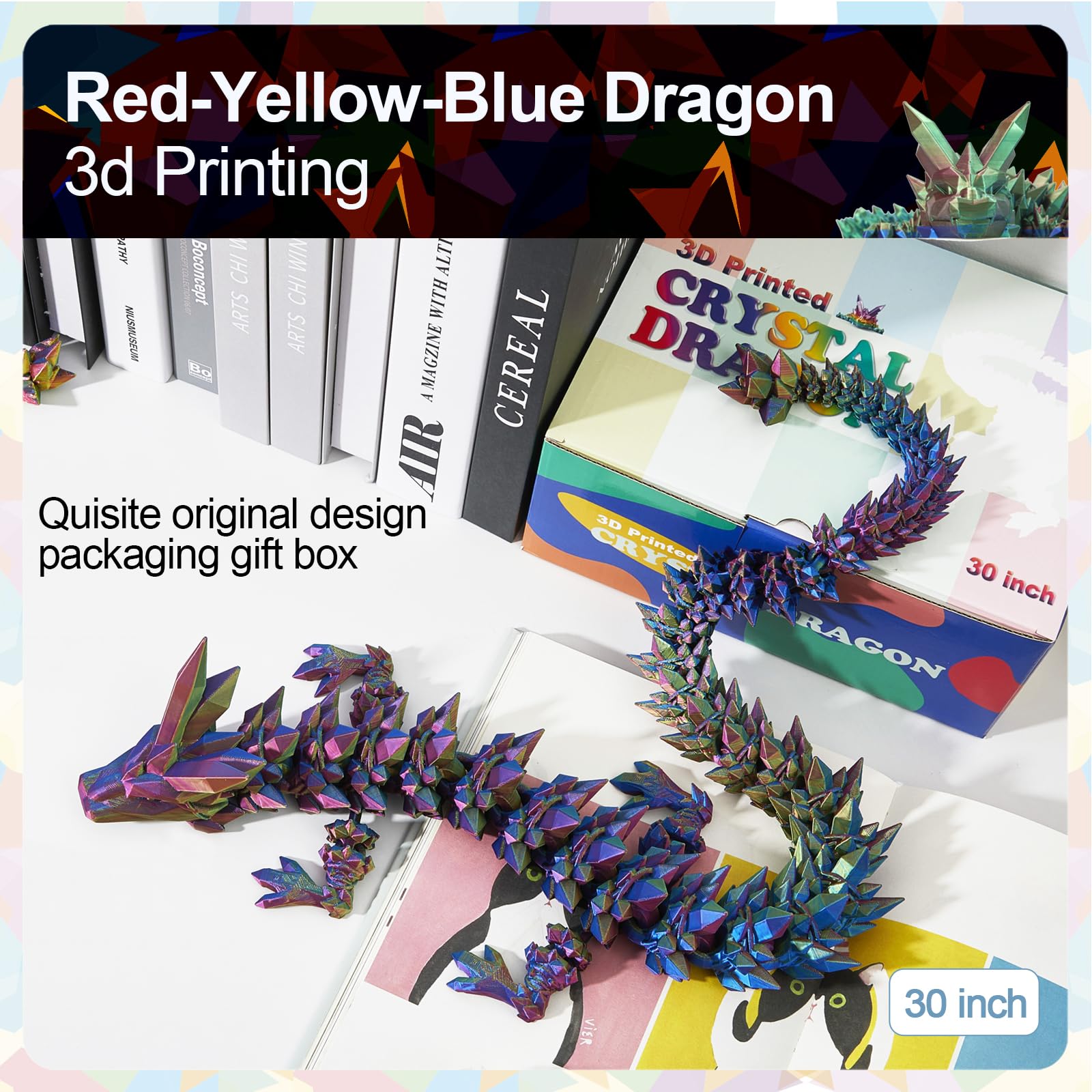 24" Large 3D Printed Dragon - Huge Articulated Crystal Dragon Fidget Toy, Giant Flexible 3D Dragon Figure, Birthday Gift for Boys Girls Kids & Collectors, Home Office Executive Desk Decor