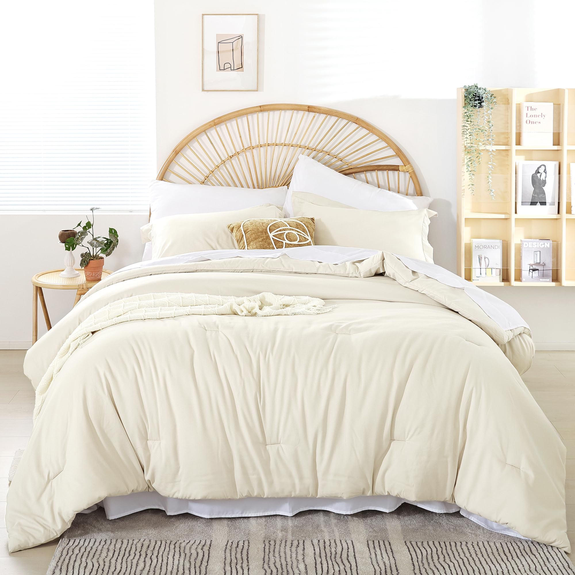weigelia Twin Comforter Set 5 Pieces Beige Bed in A Bag Soft Queen Bedding Set Lightweight Comforter Set for Women and Men（Comforters, Flat & Fitted Sheets, Pillowcases & Shams）