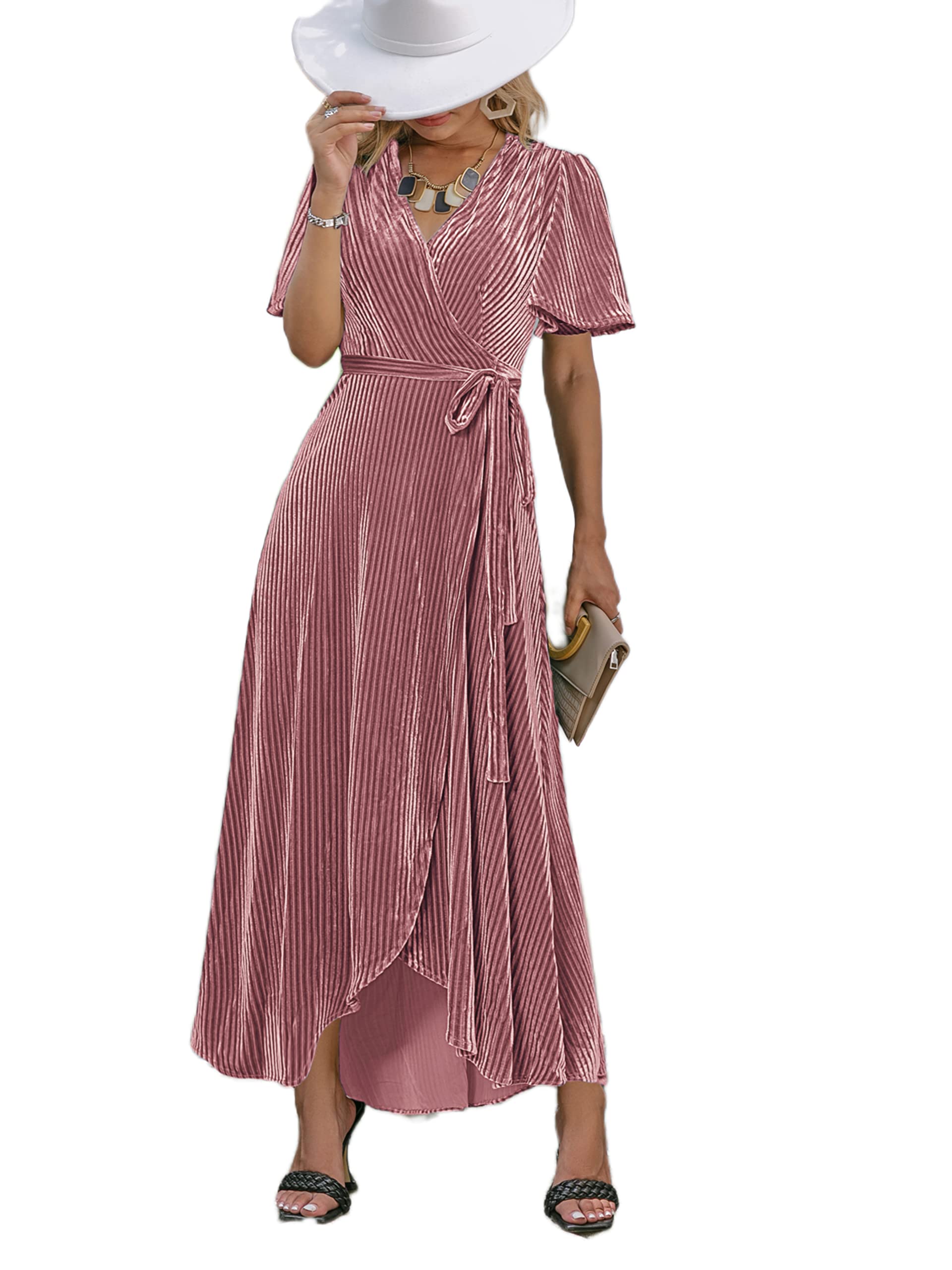 BerryGo Women's Velvet V Neck Wrap Semi Formal Dress Cocktail Party Maxi Dress for Wedding Guest