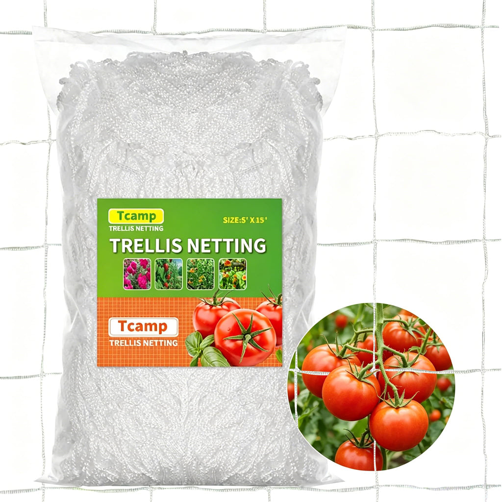 Tcamp Heavy-Duty Polyester Garden Trellis Netting Plant Climbing Net for Growing Vines Plants Vegetables Fruits Flowers, White Grow Tent (5Ft x15Ft, 3.5" Opening Mesh, 1 Pack)