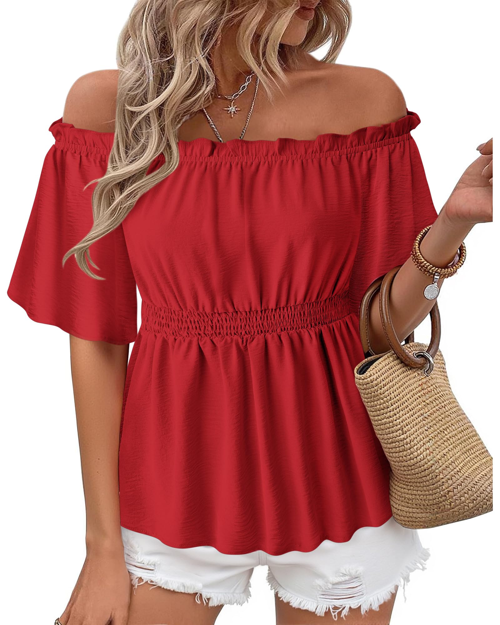 Bebonnie Women's Summer Sexy Off The Shoulder Peplum Tops Ruffle Sleeve Dressy Blouses