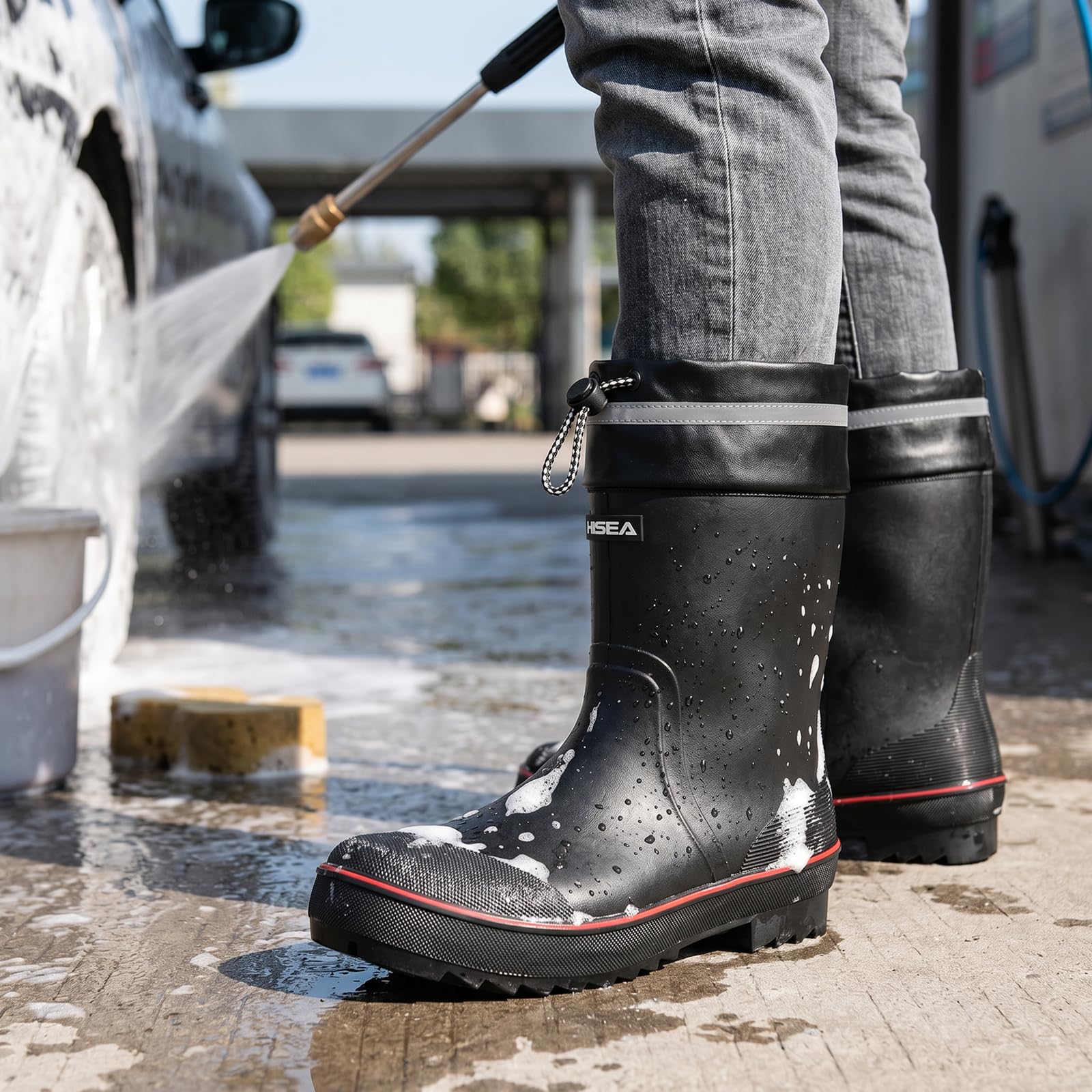 HISEA Men's Rain Boots Waterproof PVC Rubber Mud Boots, Lightweight Comfort Mid-Calf Work Boots, Garden Shoes for Fishing, Farming, Walking Dogs