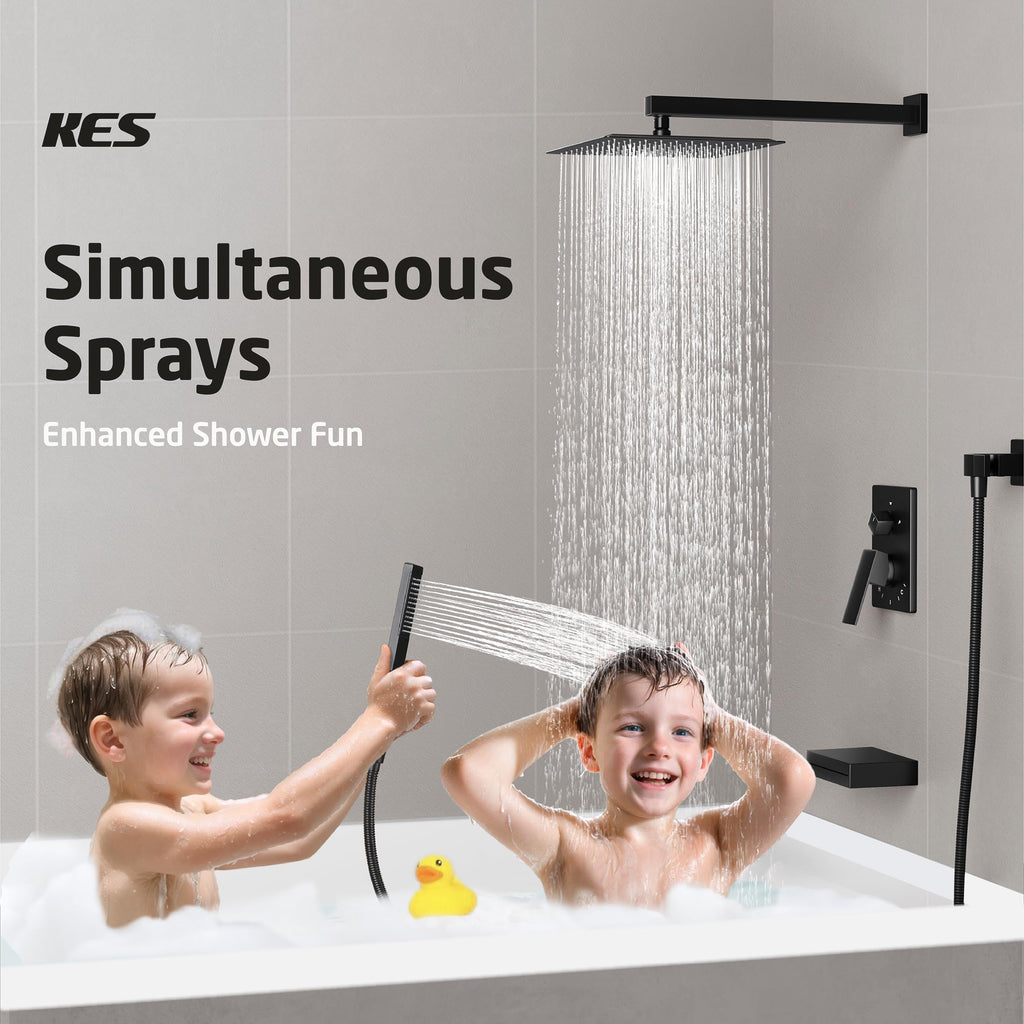 KES Tub and Shower Faucet Set Shower System with 10-Inch Rain Shower Head and Waterfall Tub Faucet Wall Mount Shower Valve and Trim Kit Included Matte Black, XB6240-BK